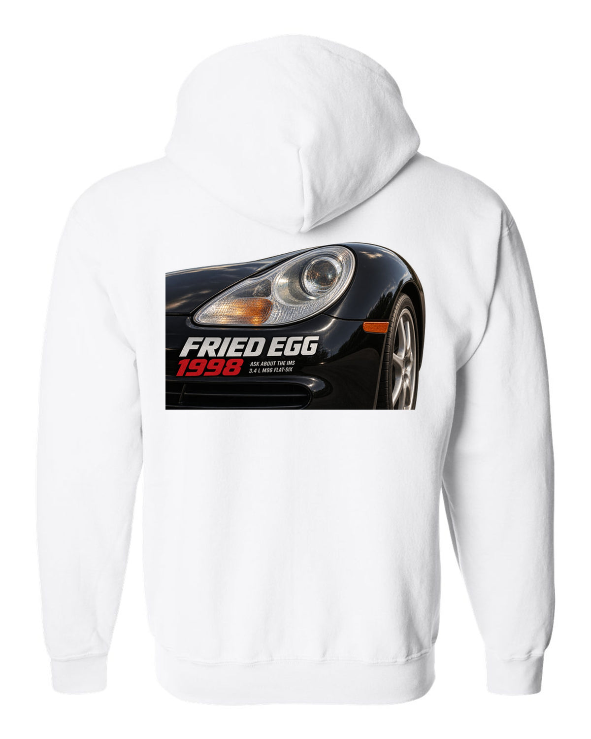 Close-up detail print of the Porsche 911 996 Fried Egg lamp with IMS joke text white zip hoodie back view with the design