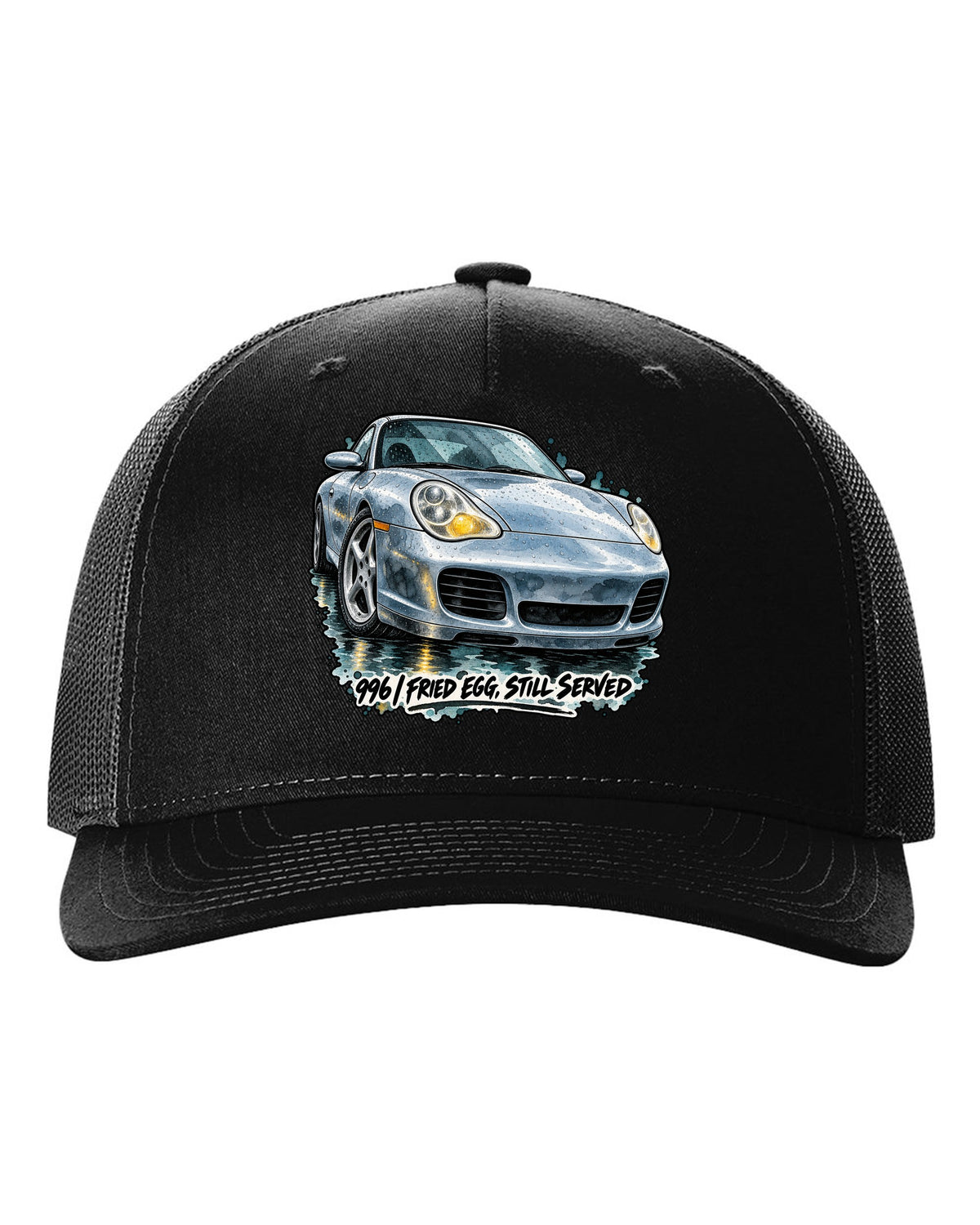Watercolour ink wash of a Porsche 911 996 on a wet road black hat front view with the design