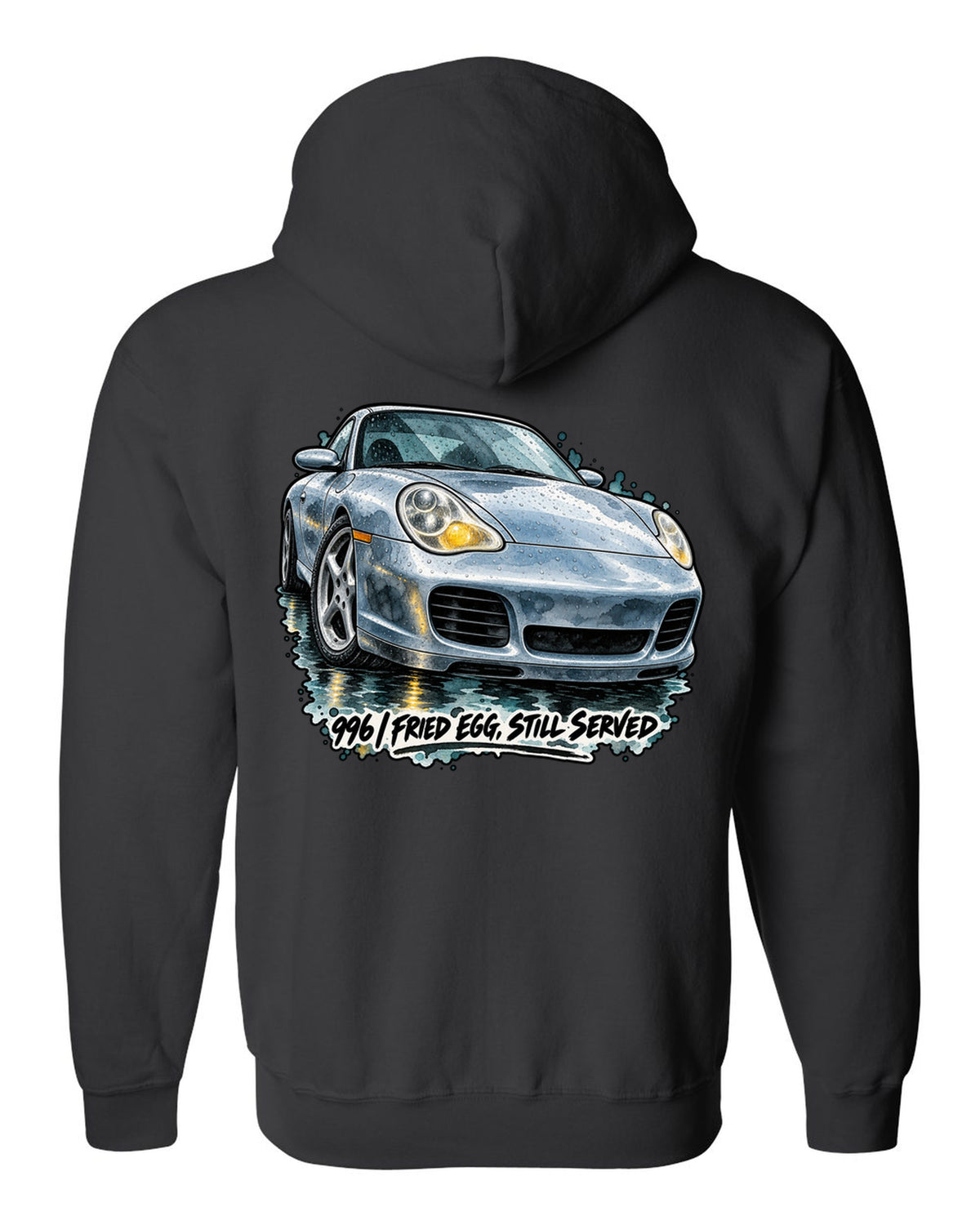 Watercolour ink wash of a Porsche 911 996 on a wet road black zip hoodie back view with the design