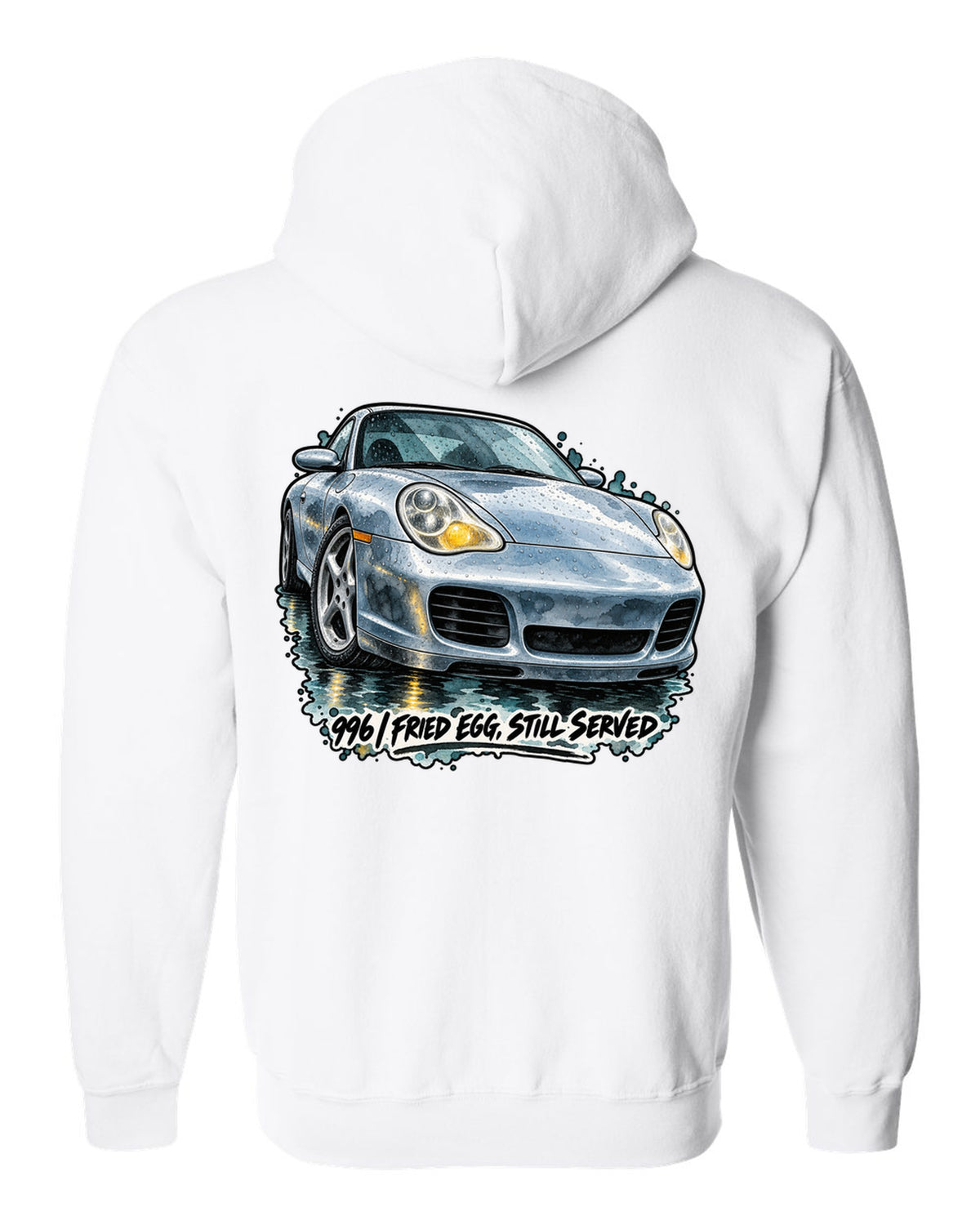 Watercolour ink wash of a Porsche 911 996 on a wet road white zip hoodie back view with the design