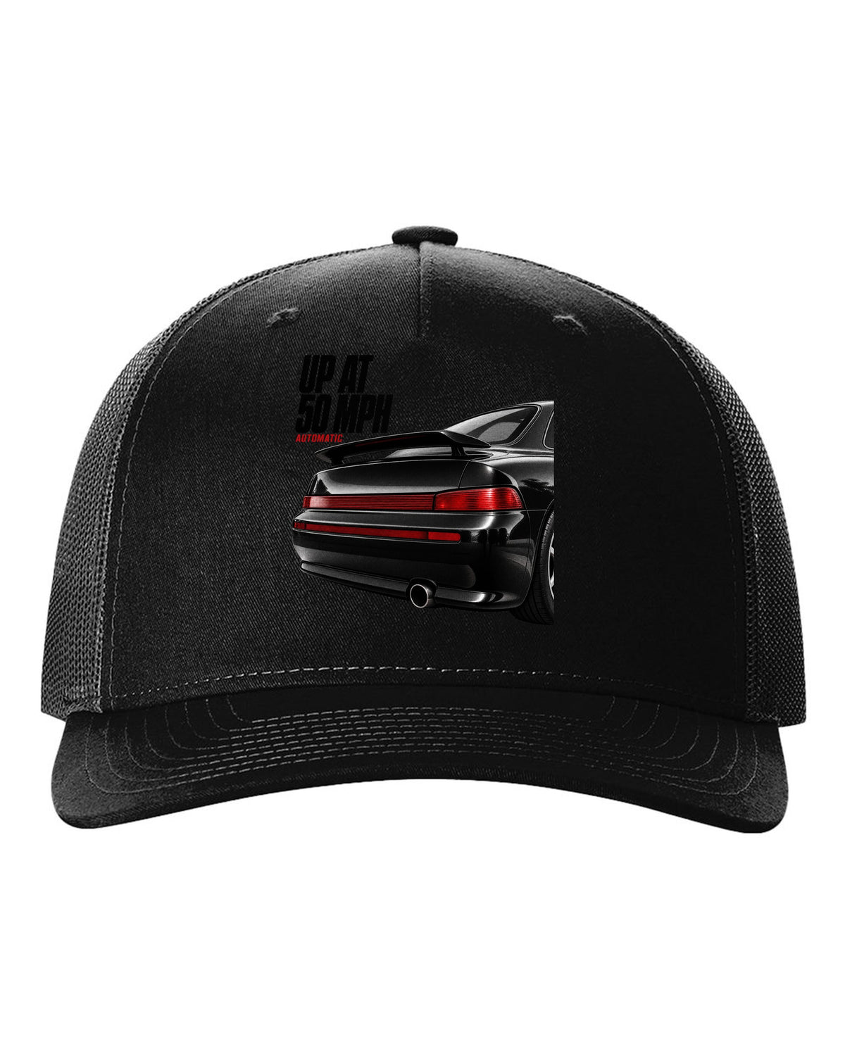 Detail macro print of the Porsche 911 Carrera 2 (964) rear spoiler with the caption Up At 50 MPH black hat front view with the design