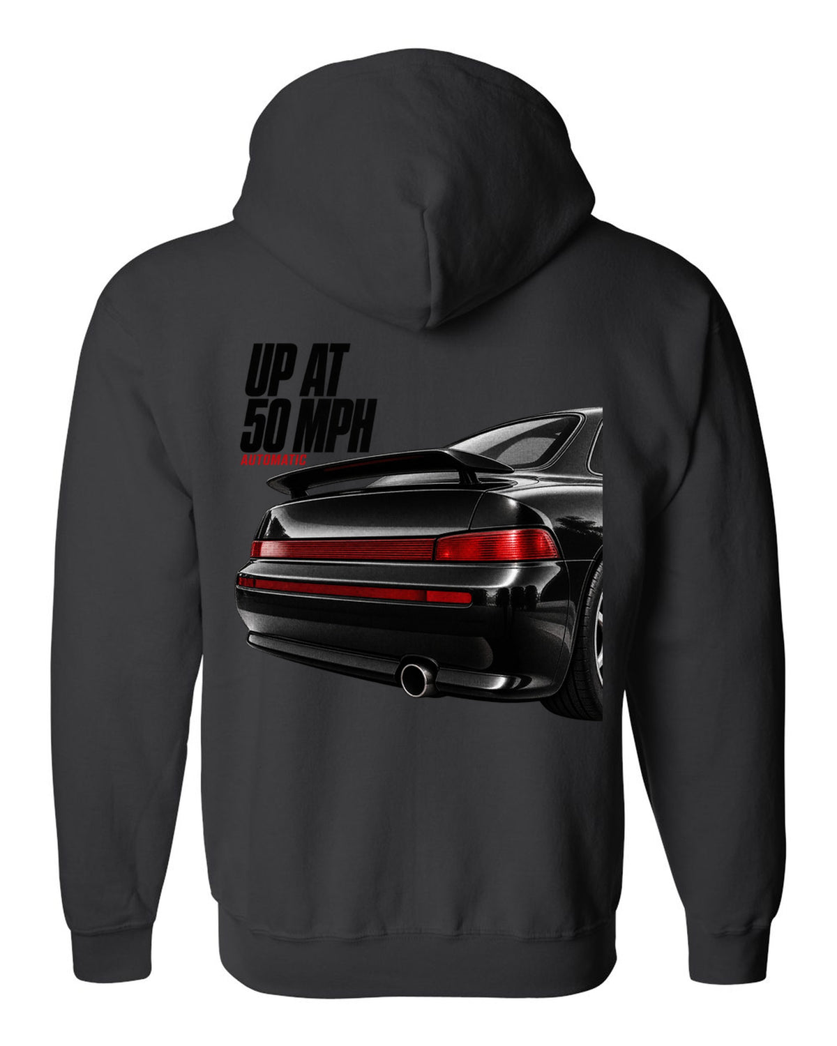 Detail macro print of the Porsche 911 Carrera 2 (964) rear spoiler with the caption Up At 50 MPH black zip hoodie back view with the design