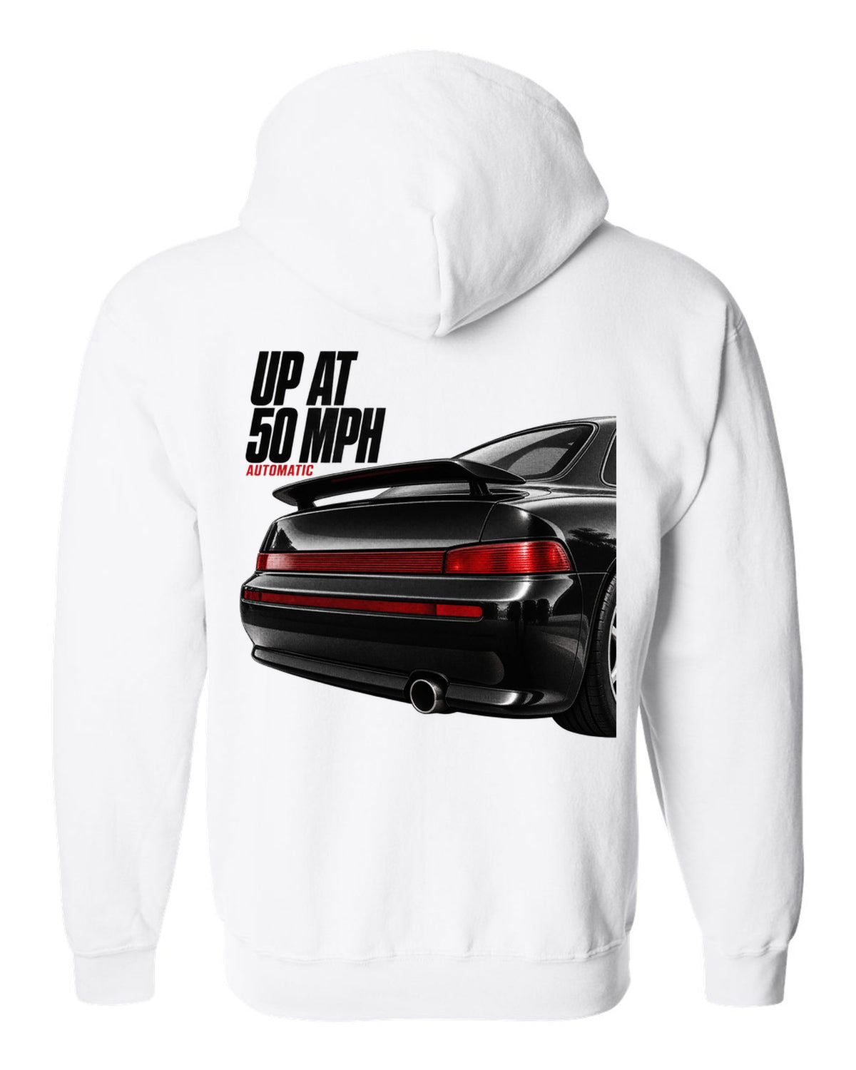 Detail macro print of the Porsche 911 Carrera 2 (964) rear spoiler with the caption Up At 50 MPH white zip hoodie back view with the design