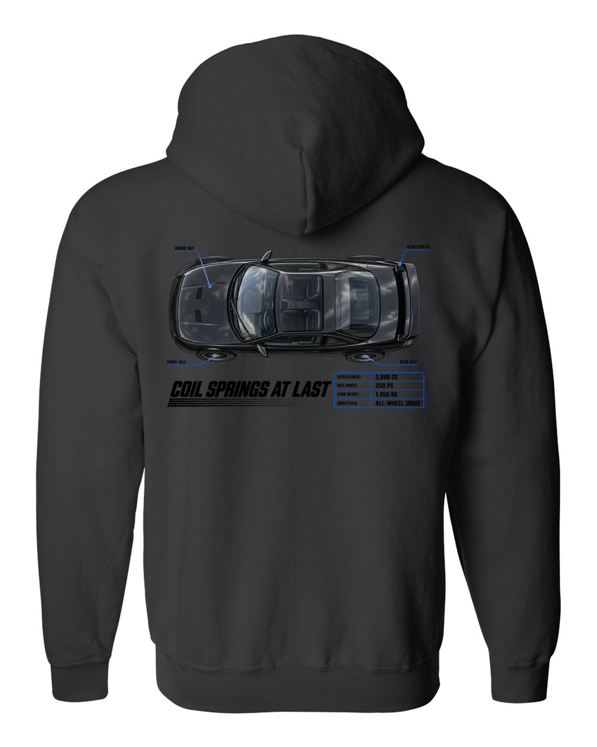 Top-down spec poster print of a Porsche 911 Carrera 4 (964) with the headline Coil Springs At Last black zip hoodie back view with the design
