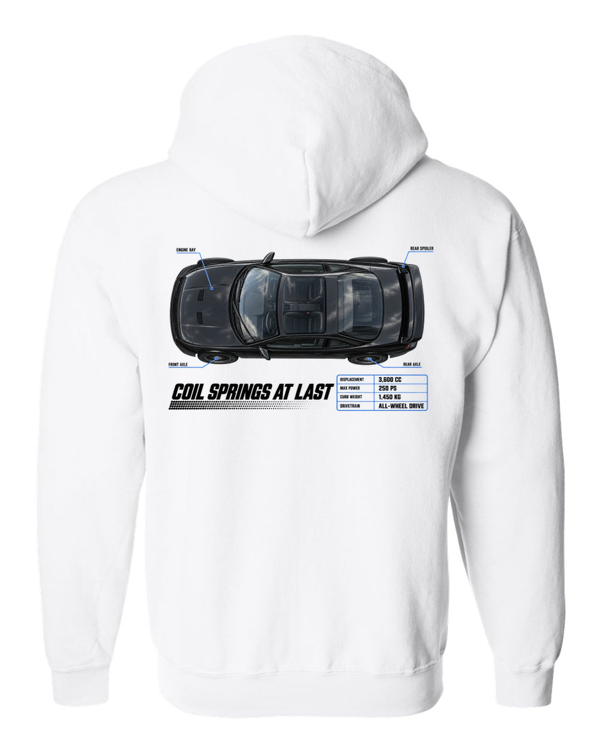 Top-down spec poster print of a Porsche 911 Carrera 4 (964) with the headline Coil Springs At Last white zip hoodie back view with the design