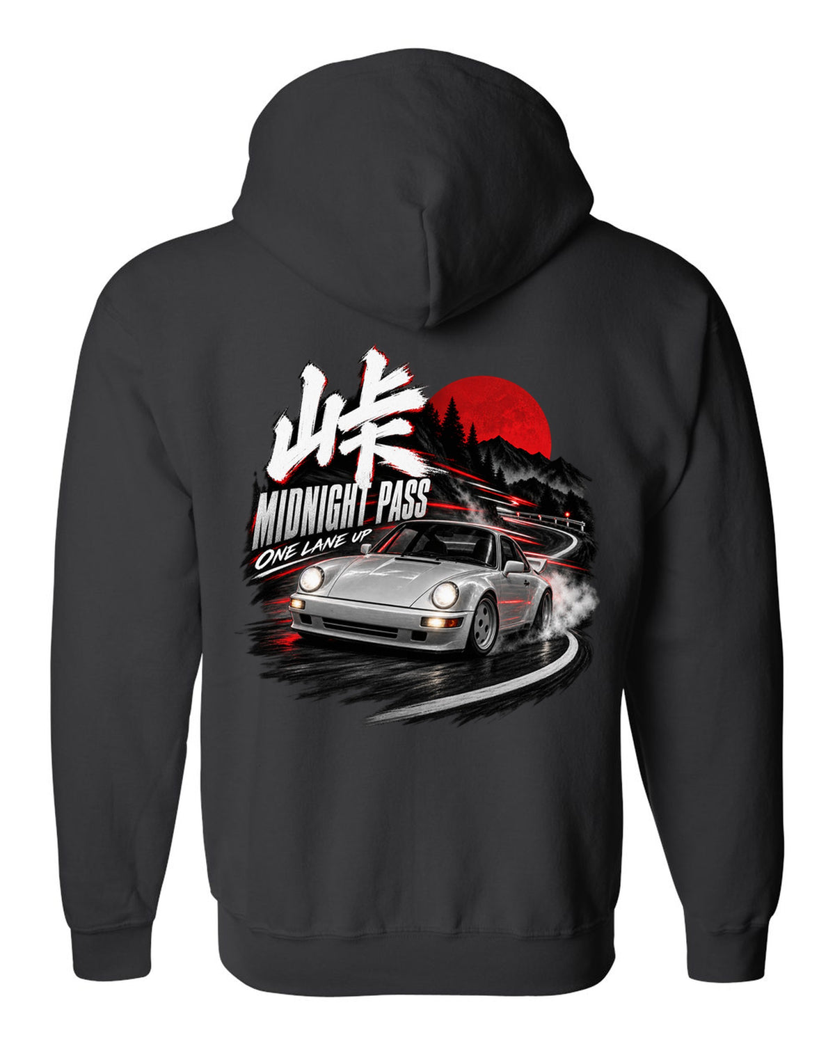Touge night print of an outlaw-style Porsche 911 Carrera 4 964 on a mountain pass black zip hoodie back view with the design