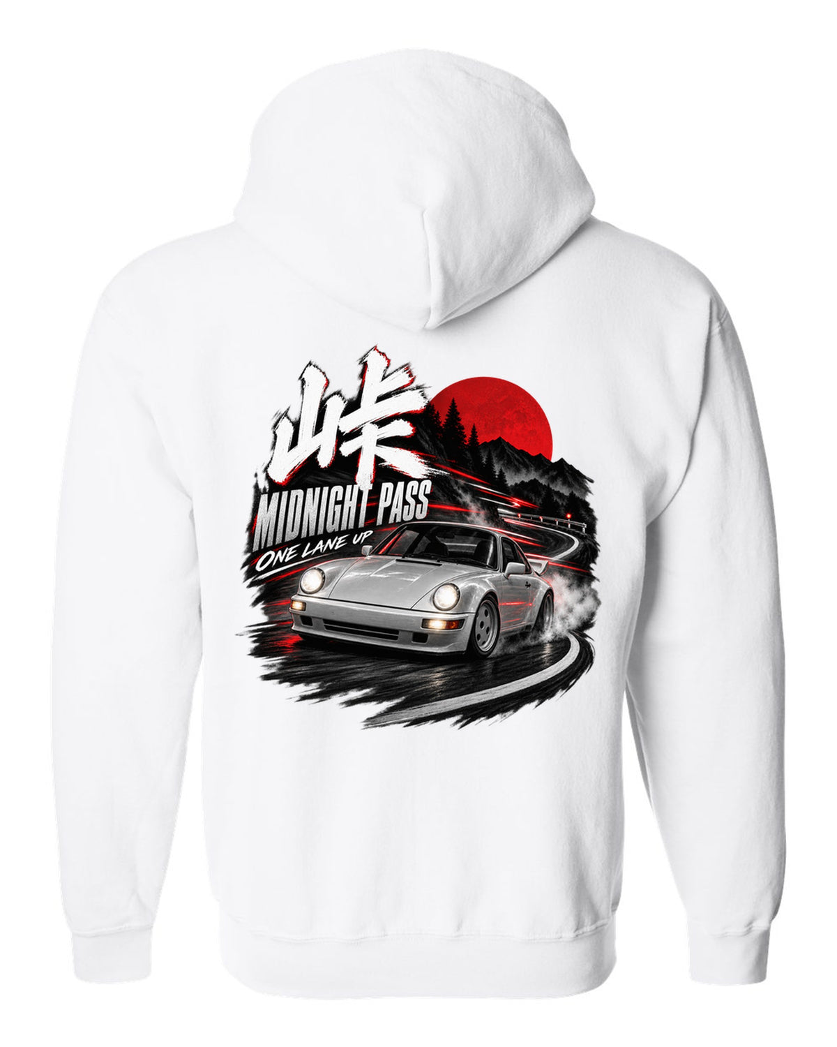Touge night print of an outlaw-style Porsche 911 Carrera 4 964 on a mountain pass white zip hoodie back view with the design
