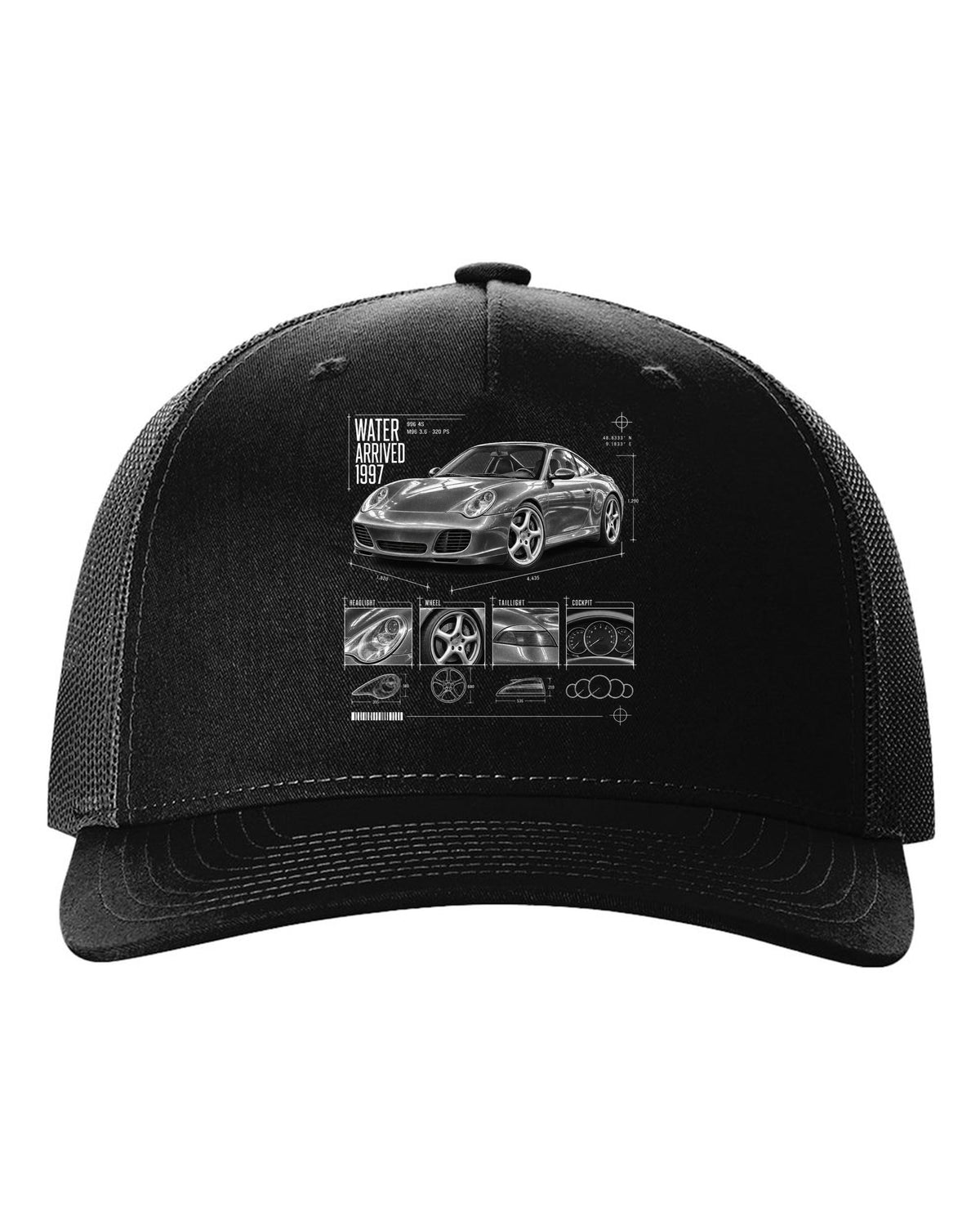 Dossier panel print of a Porsche 911 Carrera 4S (996) with the heading Water Arrived 1997 black hat front view with the design