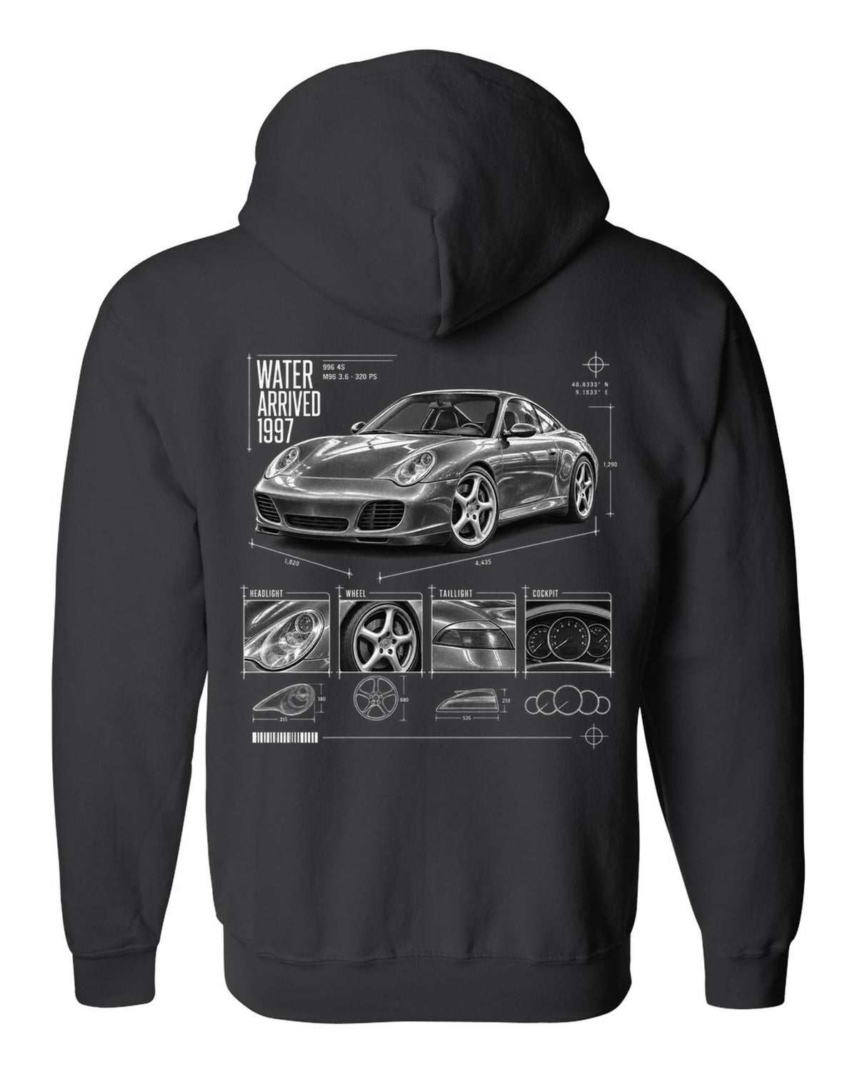 Dossier panel print of a Porsche 911 Carrera 4S (996) with the heading Water Arrived 1997 black zip hoodie back view with the design