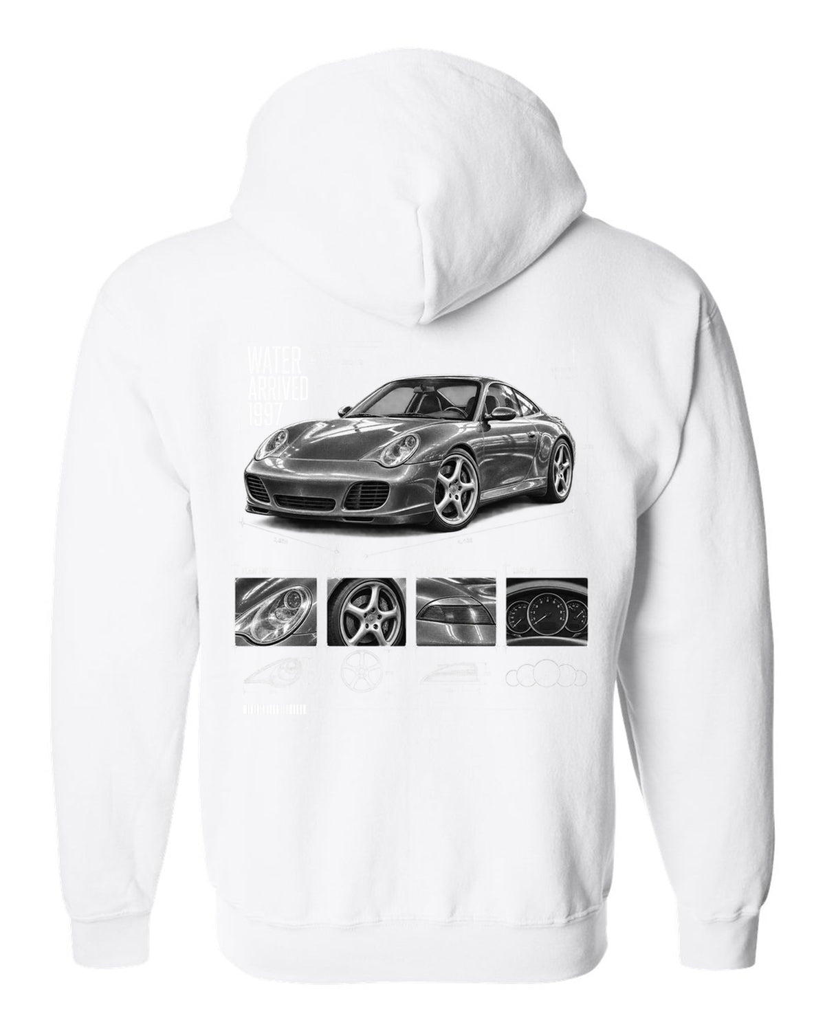 Dossier panel print of a Porsche 911 Carrera 4S (996) with the heading Water Arrived 1997 white zip hoodie back view with the design
