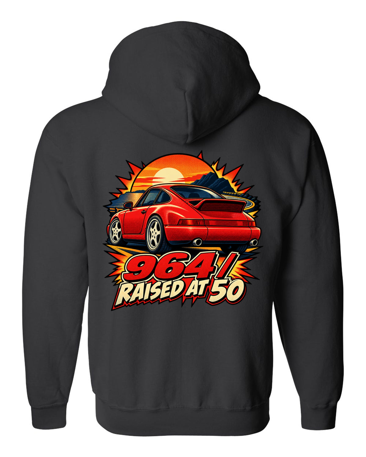 Comic dot-ink illustration of a Porsche 911 Carrera 964 with its spoiler raised black zip hoodie back view with the design