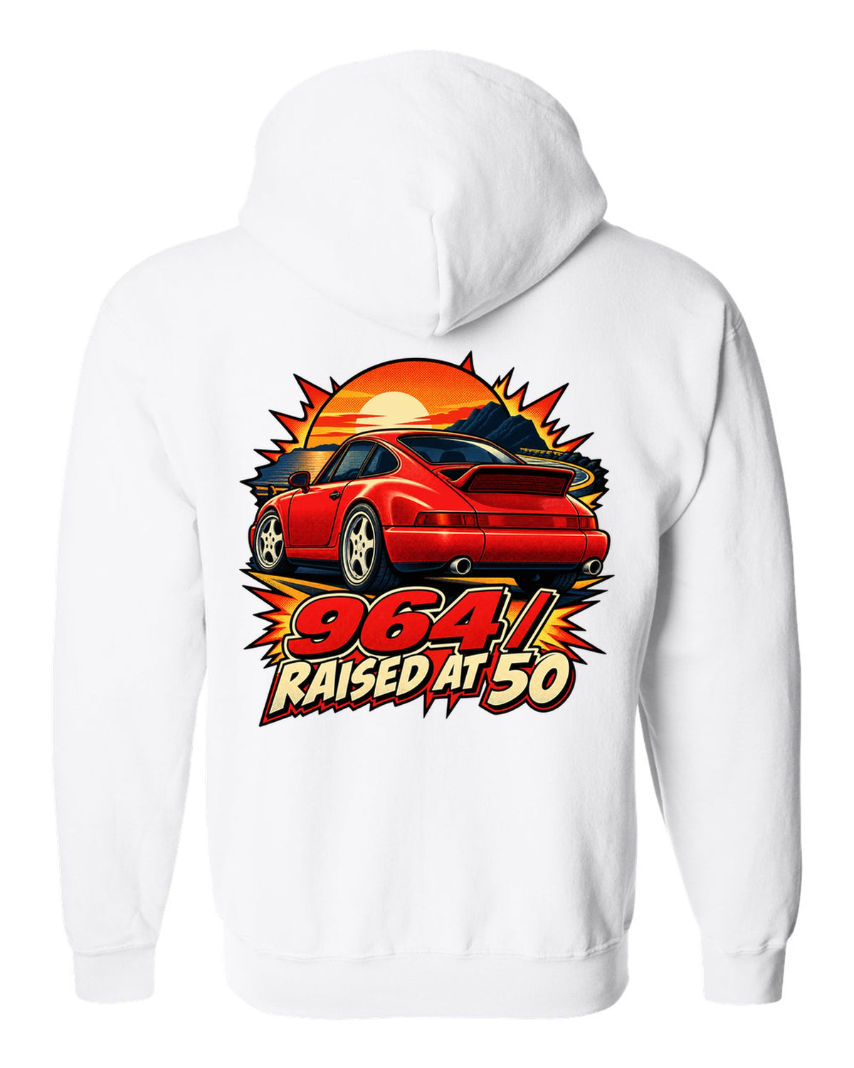 Comic dot-ink illustration of a Porsche 911 Carrera 964 with its spoiler raised white zip hoodie back view with the design