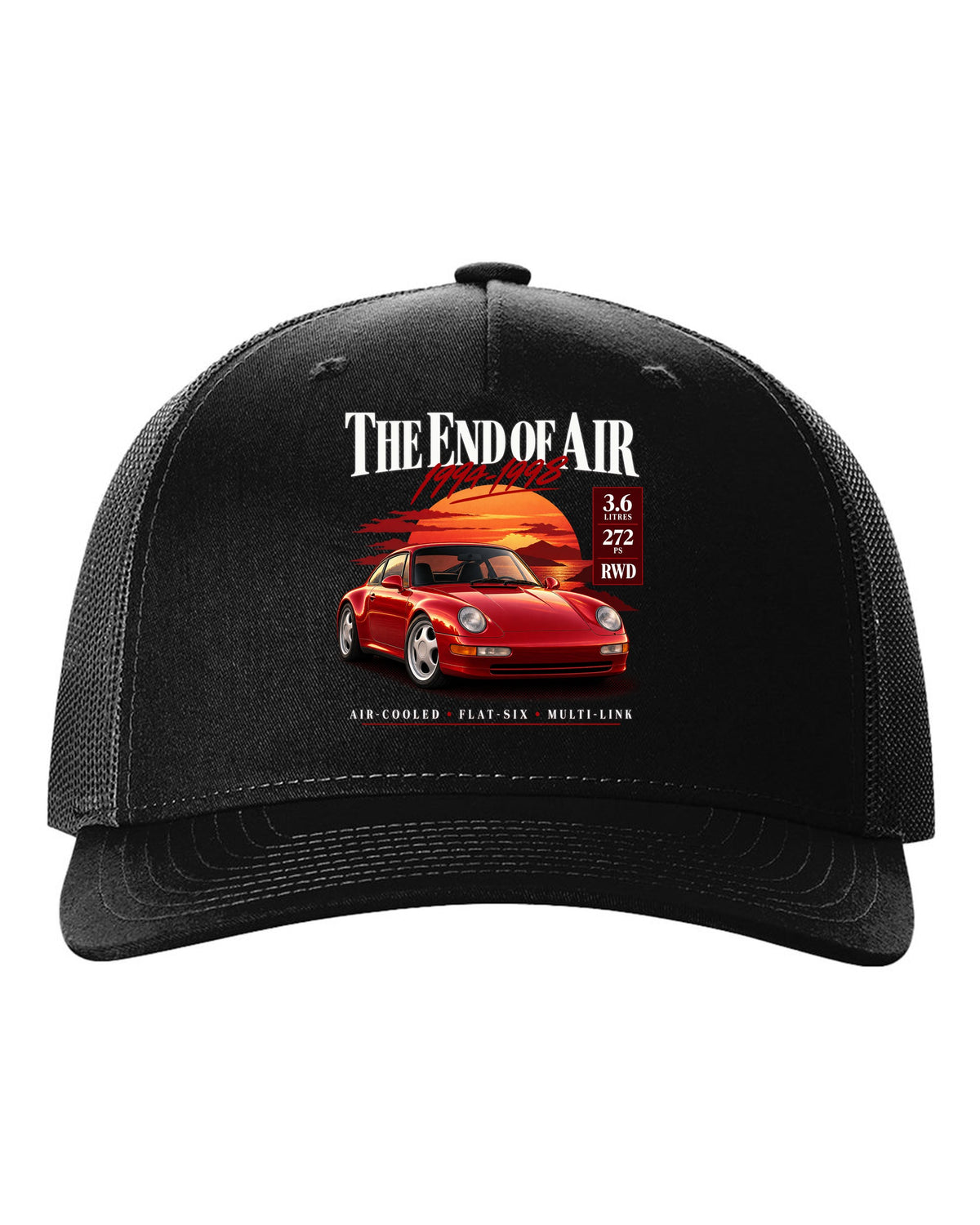 Archive panel print of a Porsche 911 Carrera (993) coupe with the heading The End Of Air and spec list black hat front view with the design