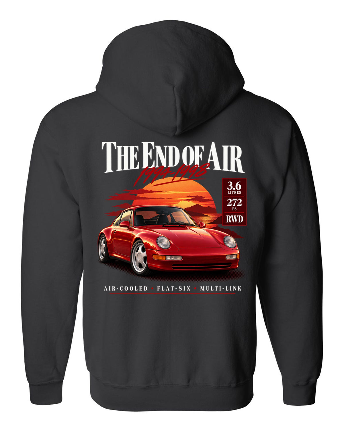 Archive panel print of a Porsche 911 Carrera (993) coupe with the heading The End Of Air and spec list black zip hoodie back view with the design