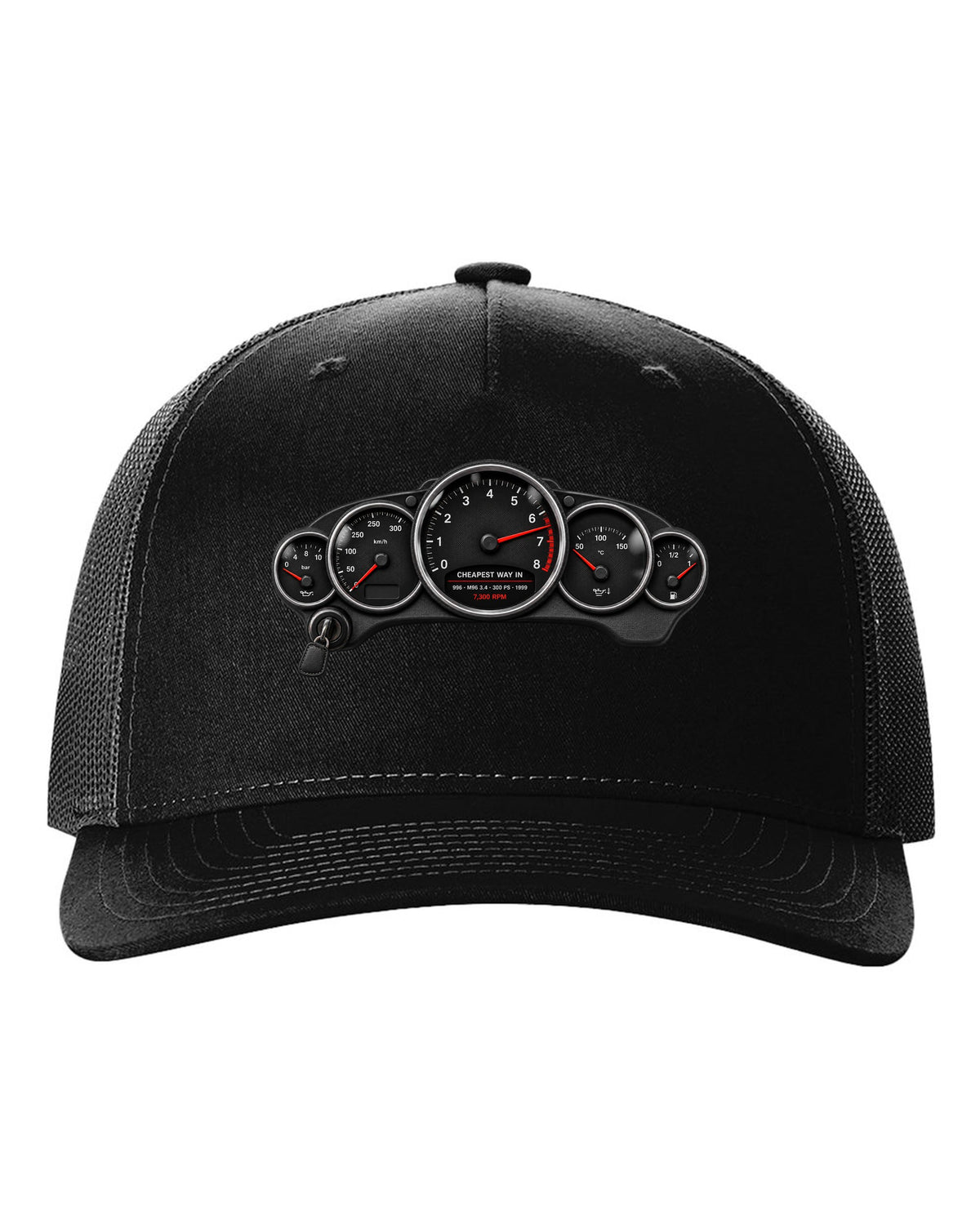 Cockpit gauge print of a Porsche 911 Carrera (996) with the caption Cheapest Way In and 7,300 rpm black hat front view with the design