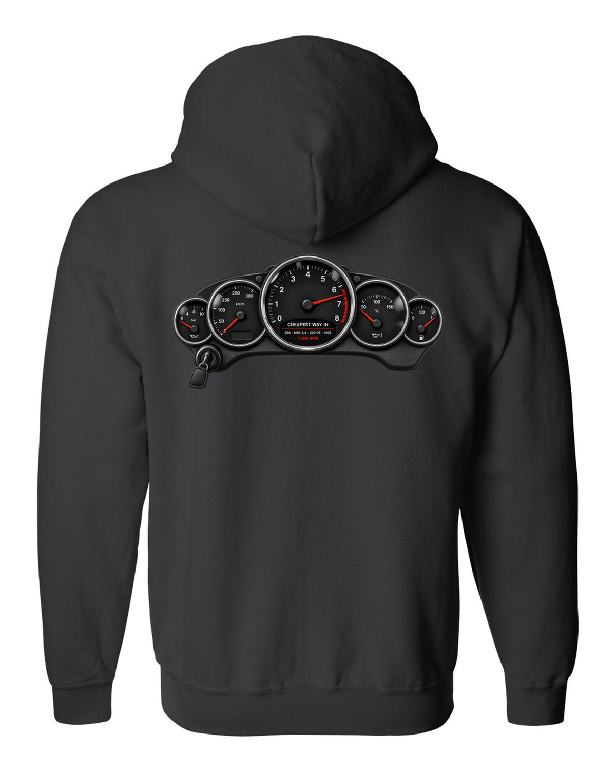 Cockpit gauge print of a Porsche 911 Carrera (996) with the caption Cheapest Way In and 7,300 rpm black zip hoodie back view with the design