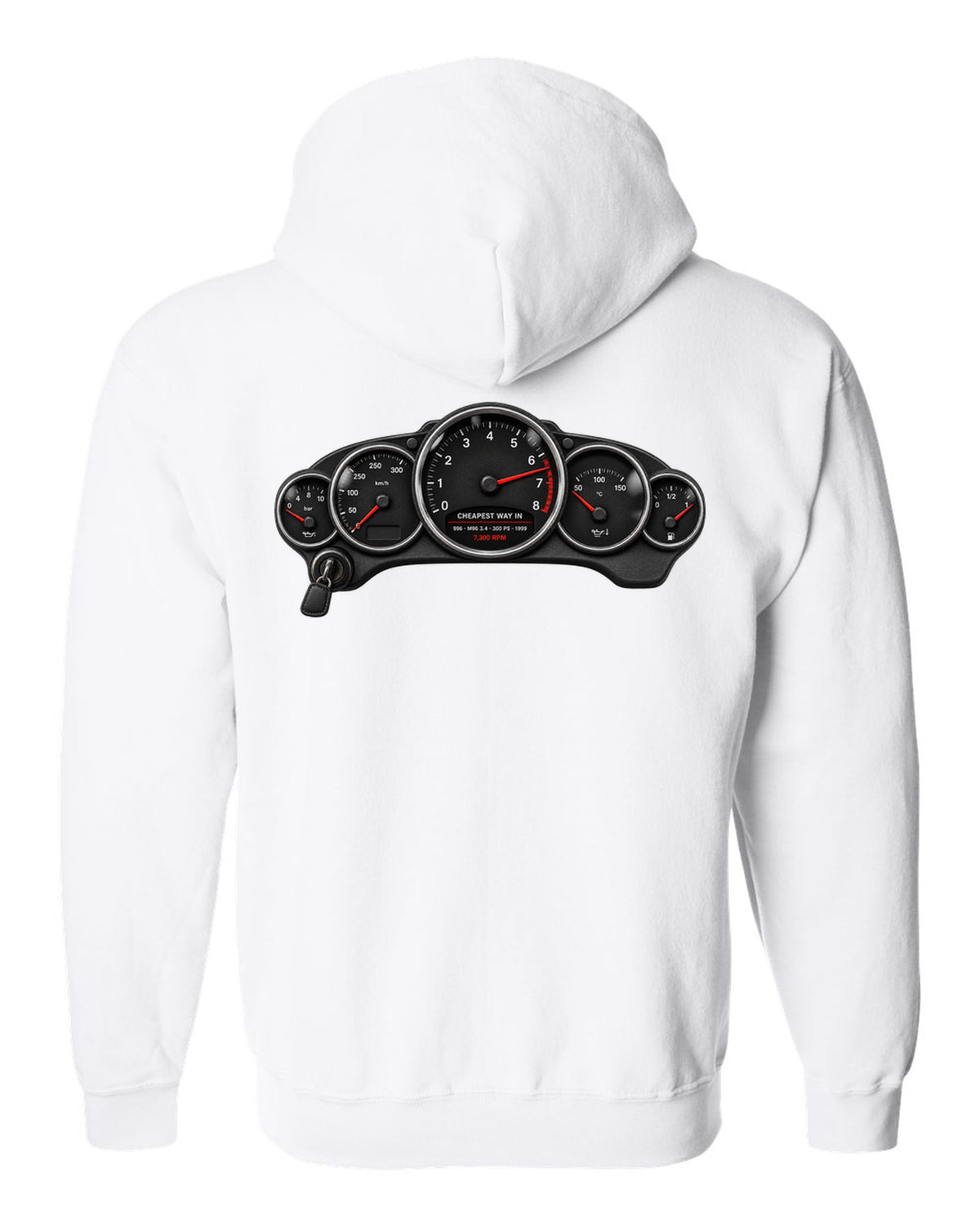 Cockpit gauge print of a Porsche 911 Carrera (996) with the caption Cheapest Way In and 7,300 rpm white zip hoodie back view with the design