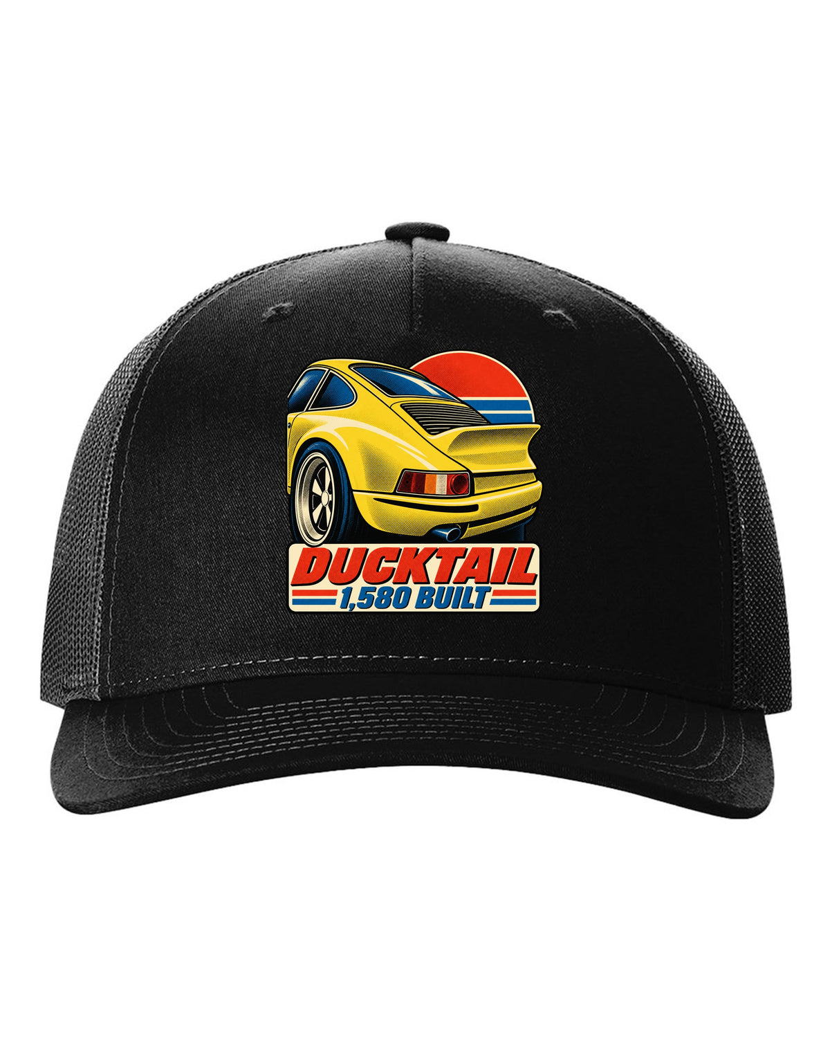 Vintage lithograph poster of the Porsche 911 Carrera RS 2.7 ducktail black hat front view with the design
