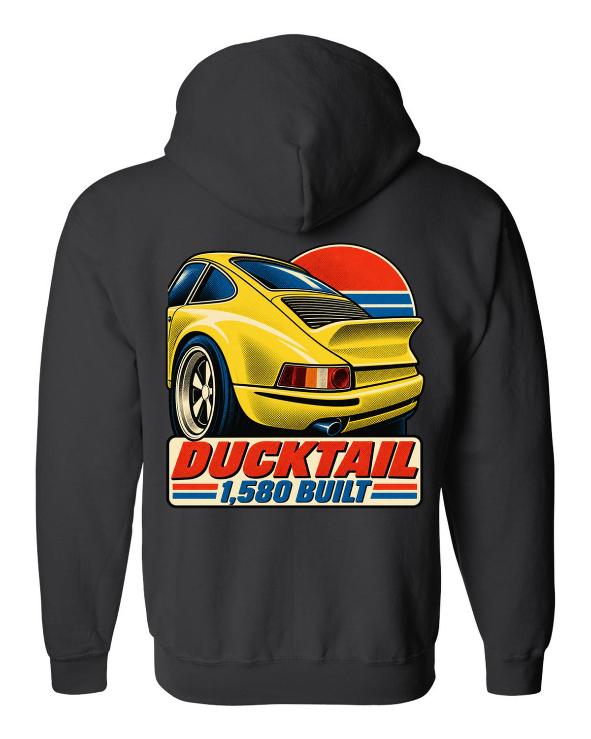 Vintage lithograph poster of the Porsche 911 Carrera RS 2.7 ducktail black zip hoodie back view with the design