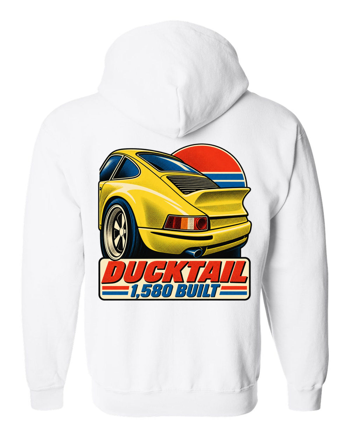 Vintage lithograph poster of the Porsche 911 Carrera RS 2.7 ducktail white zip hoodie back view with the design