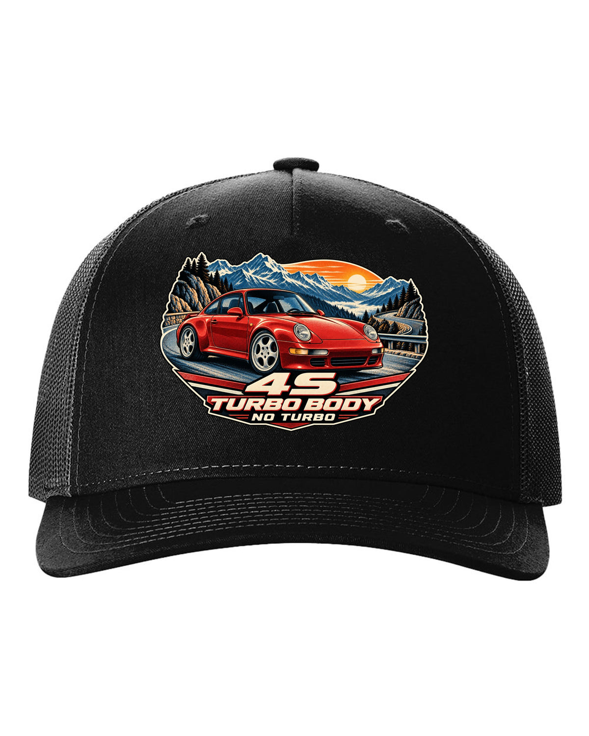 Shield crest print of a 1973 Porsche 911 Carrera RS 2.7 ducktail with the text RS 2.7, 210 PS and 975 KG black hat front view with the design