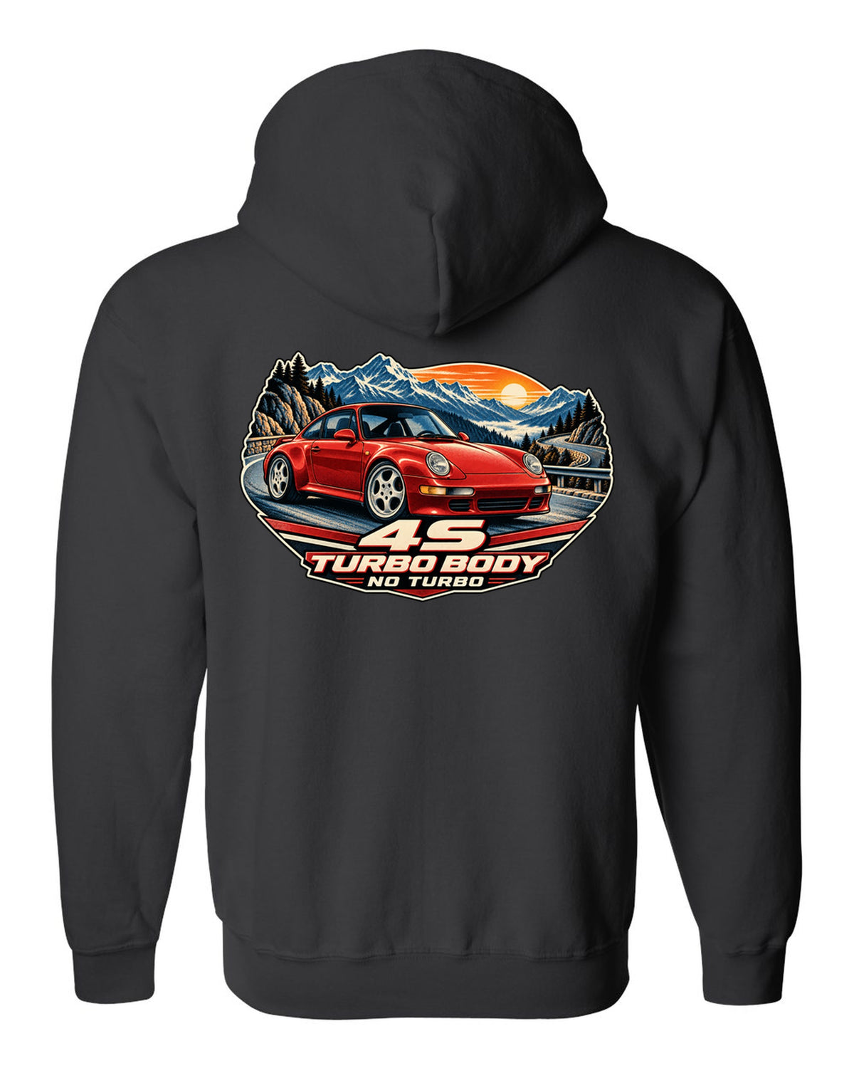 Shield crest print of a 1973 Porsche 911 Carrera RS 2.7 ducktail with the text RS 2.7, 210 PS and 975 KG black zip hoodie back view with the design