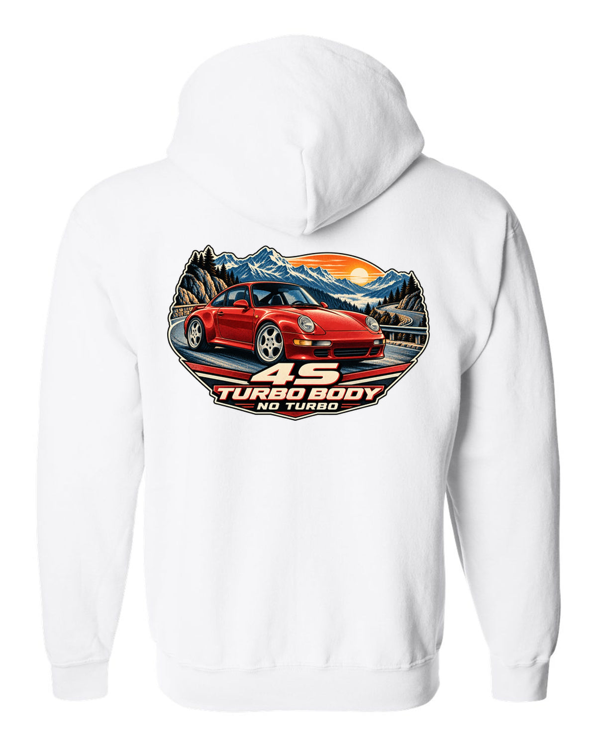 Shield crest print of a 1973 Porsche 911 Carrera RS 2.7 ducktail with the text RS 2.7, 210 PS and 975 KG white zip hoodie back view with the design