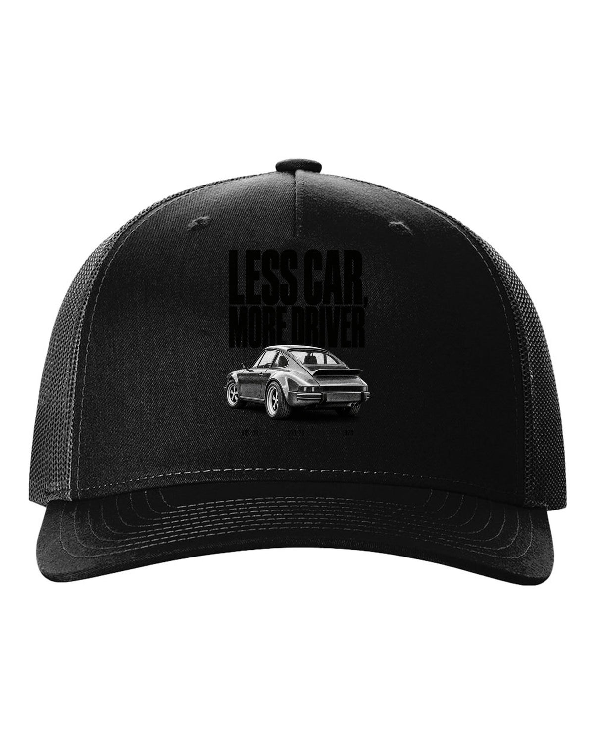 Halftone print of the 1973 Porsche 911 Carrera RS 2.7 with the line Less Car More Driver black hat front view with the design