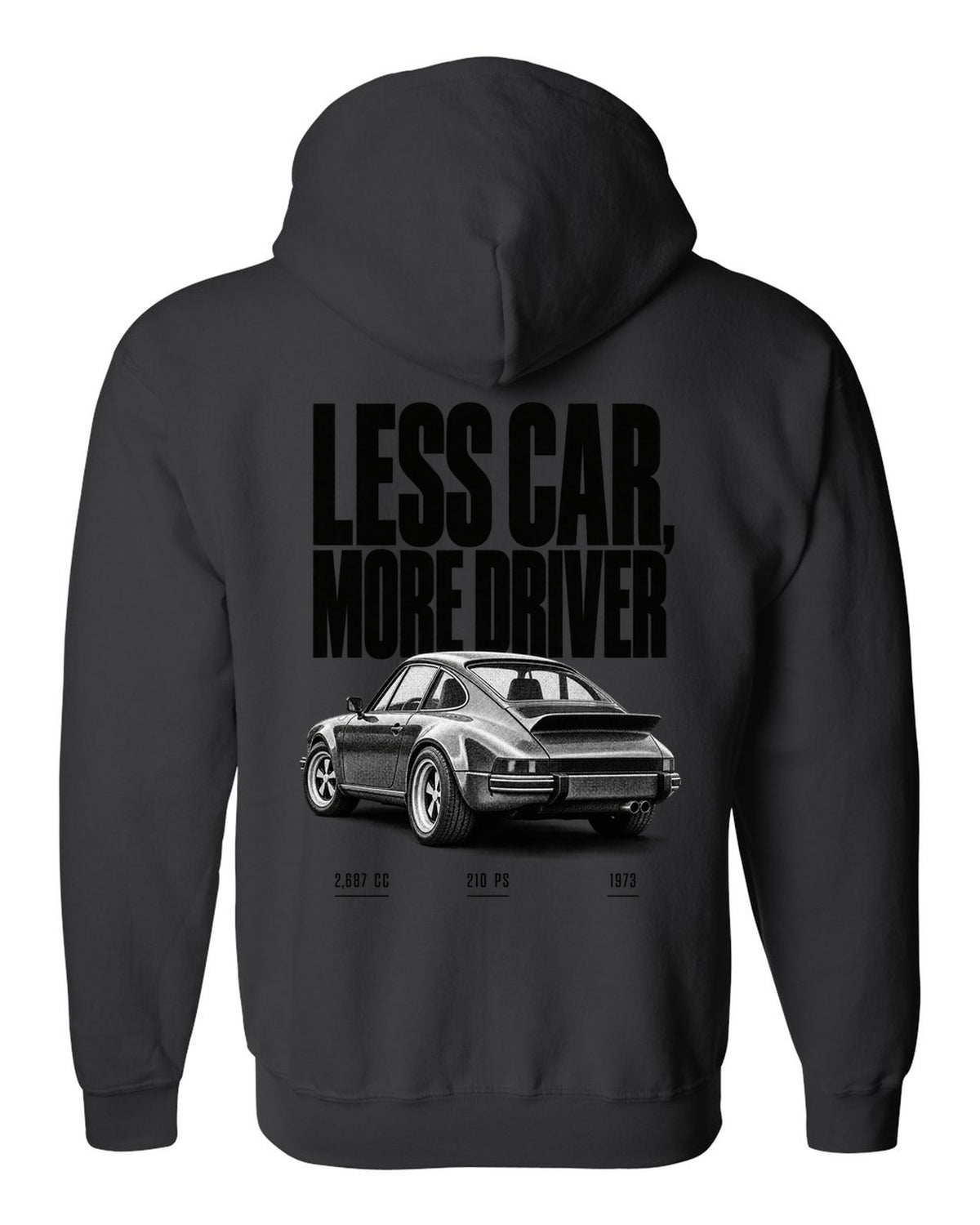 Halftone print of the 1973 Porsche 911 Carrera RS 2.7 with the line Less Car More Driver black zip hoodie back view with the design