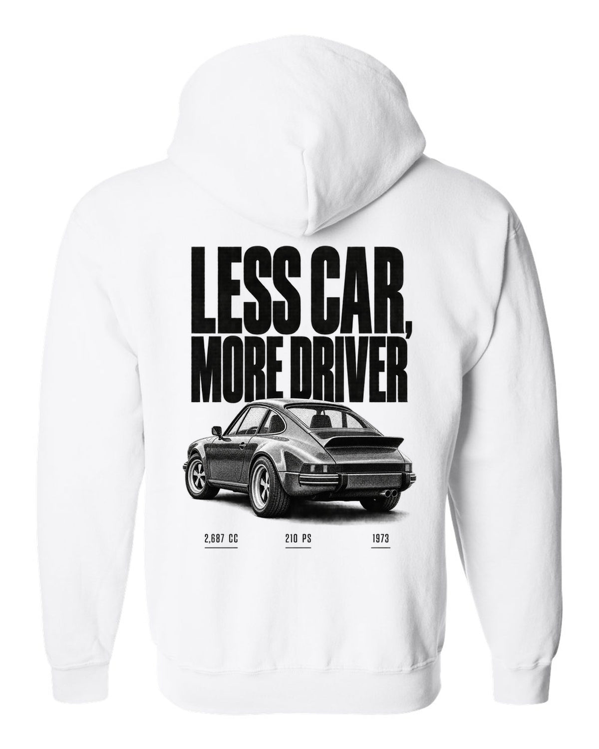 Halftone print of the 1973 Porsche 911 Carrera RS 2.7 with the line Less Car More Driver white zip hoodie back view with the design