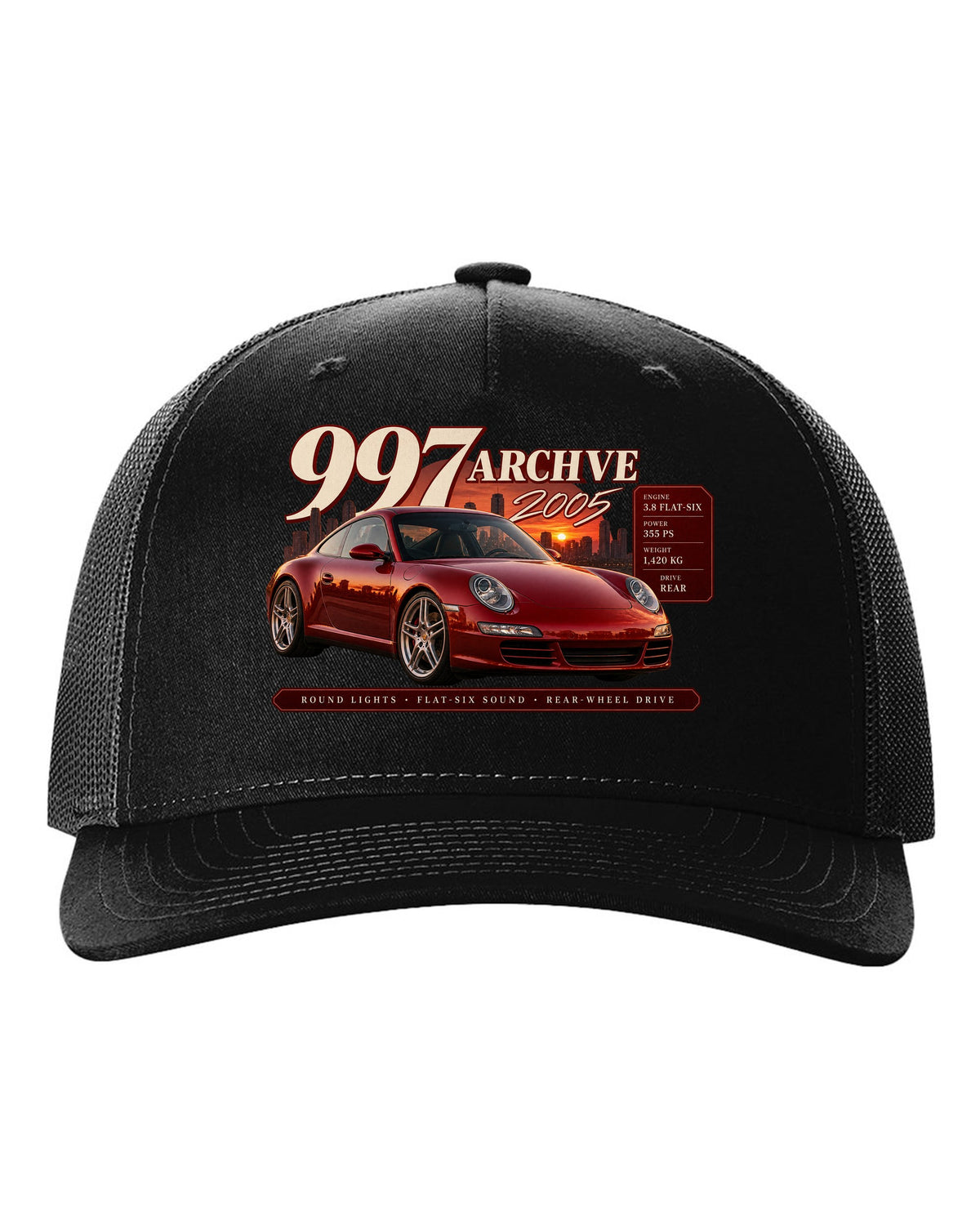 Archive panel print of a deep red Porsche 911 Carrera S 997.1 with 3.8 flat-six spec lines black hat front view with the design