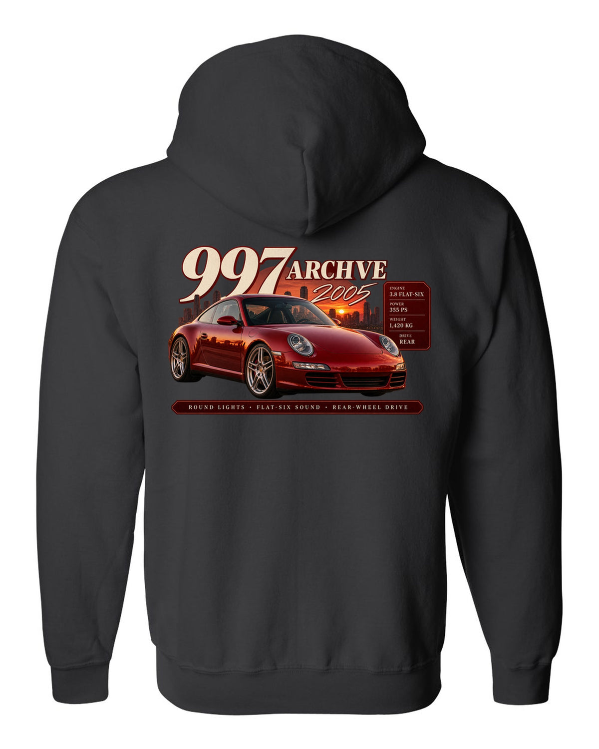 Archive panel print of a deep red Porsche 911 Carrera S 997.1 with 3.8 flat-six spec lines black zip hoodie back view with the design