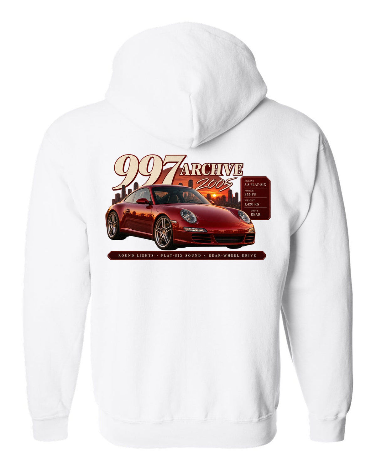 Archive panel print of a deep red Porsche 911 Carrera S 997.1 with 3.8 flat-six spec lines white zip hoodie back view with the design