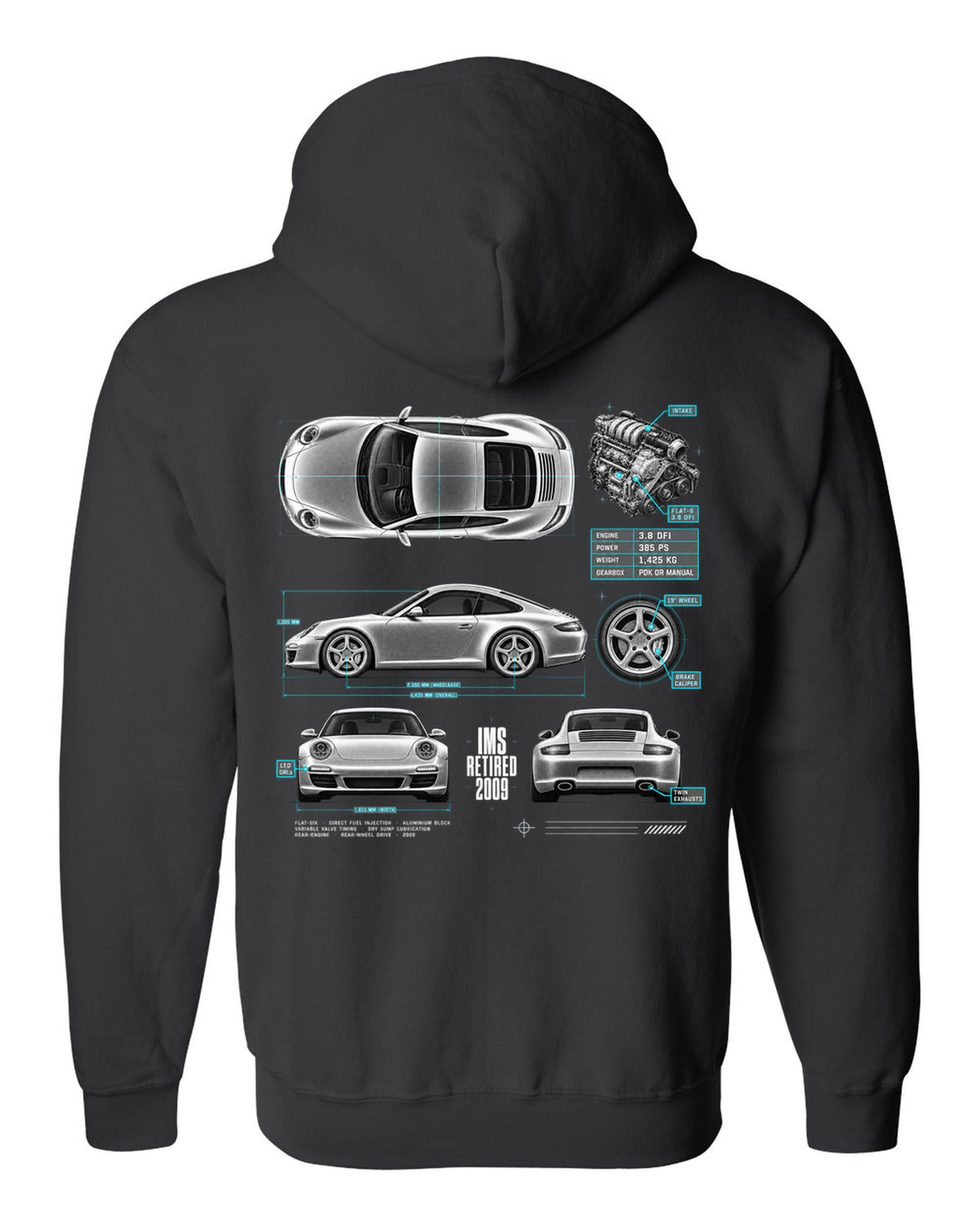 Spec poster print of a Porsche 911 Carrera S (997.2) with the headline IMS Retired 2009 black zip hoodie back view with the design
