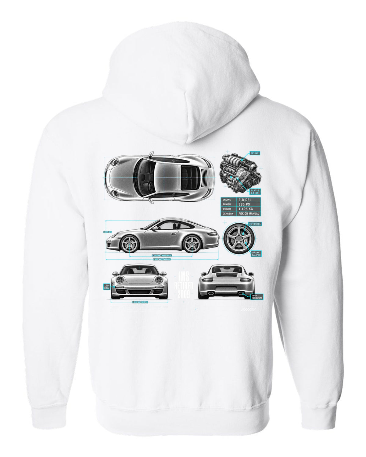 Spec poster print of a Porsche 911 Carrera S (997.2) with the headline IMS Retired 2009 white zip hoodie back view with the design