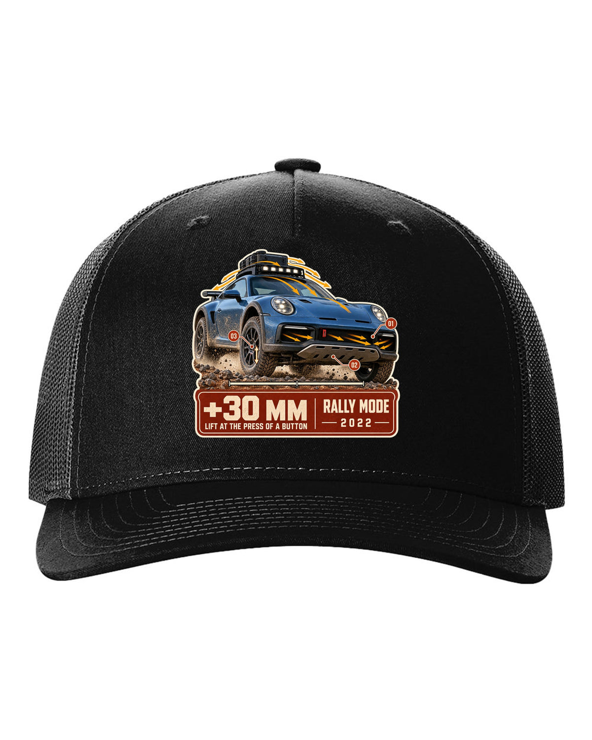 Aero callout print of a Porsche 911 Dakar 992 showing the lift feature black hat front view with the design