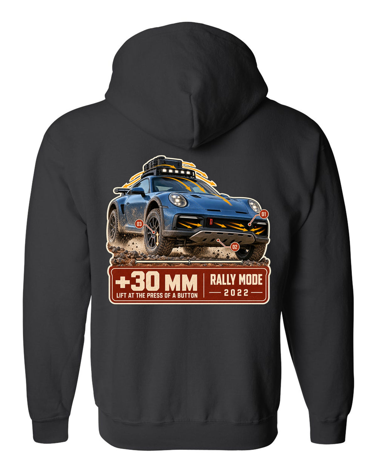 Aero callout print of a Porsche 911 Dakar 992 showing the lift feature black zip hoodie back view with the design