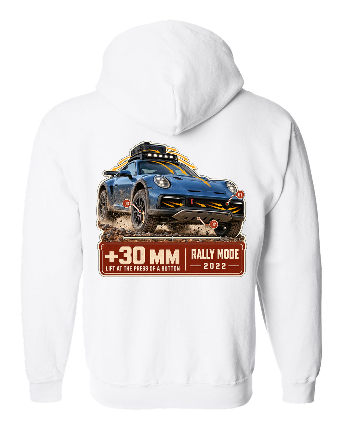 Aero callout print of a Porsche 911 Dakar 992 showing the lift feature white zip hoodie back view with the design