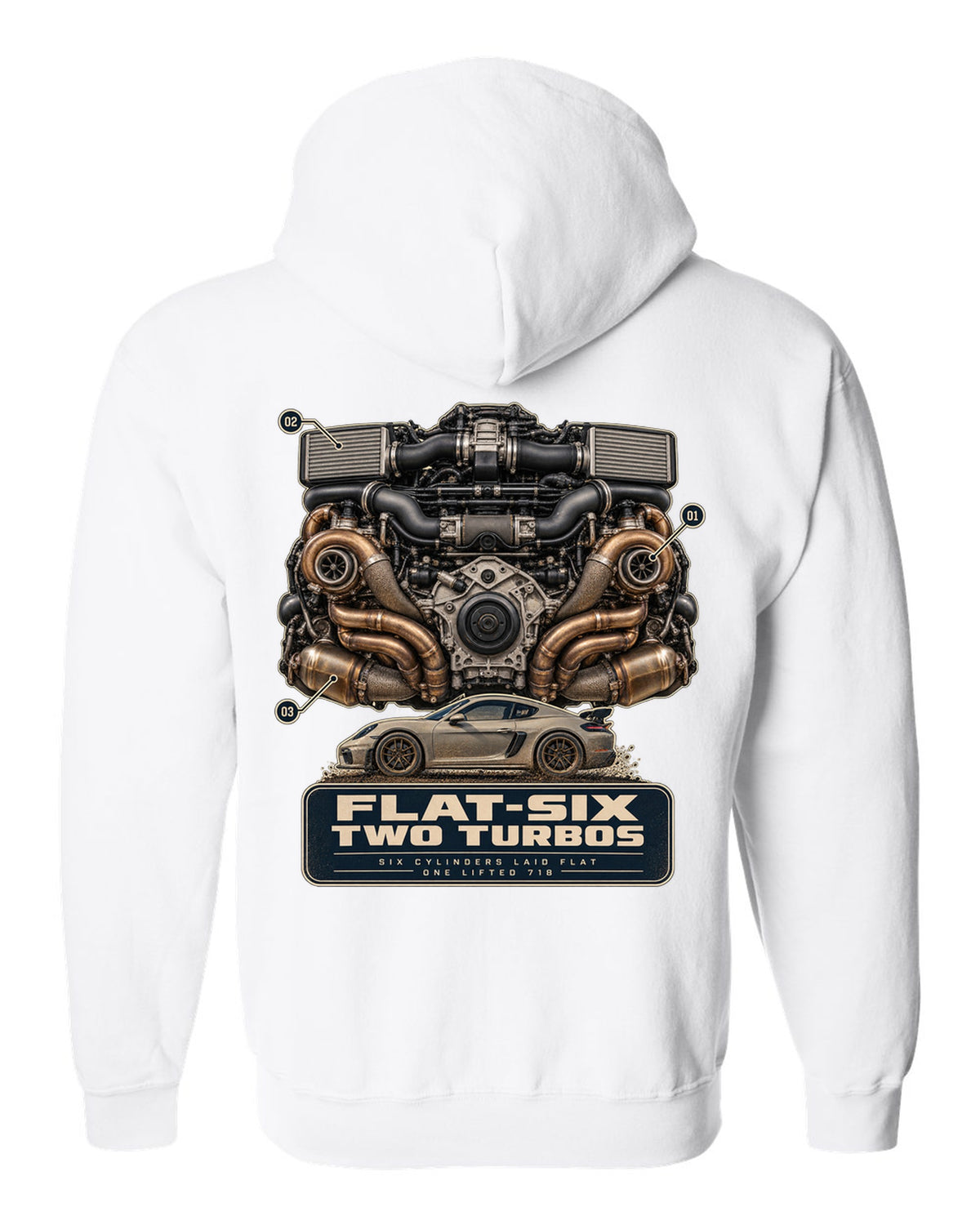 Engine hero print of a Porsche 911 Dakar 992 flat-six with two turbos white zip hoodie back view with the design