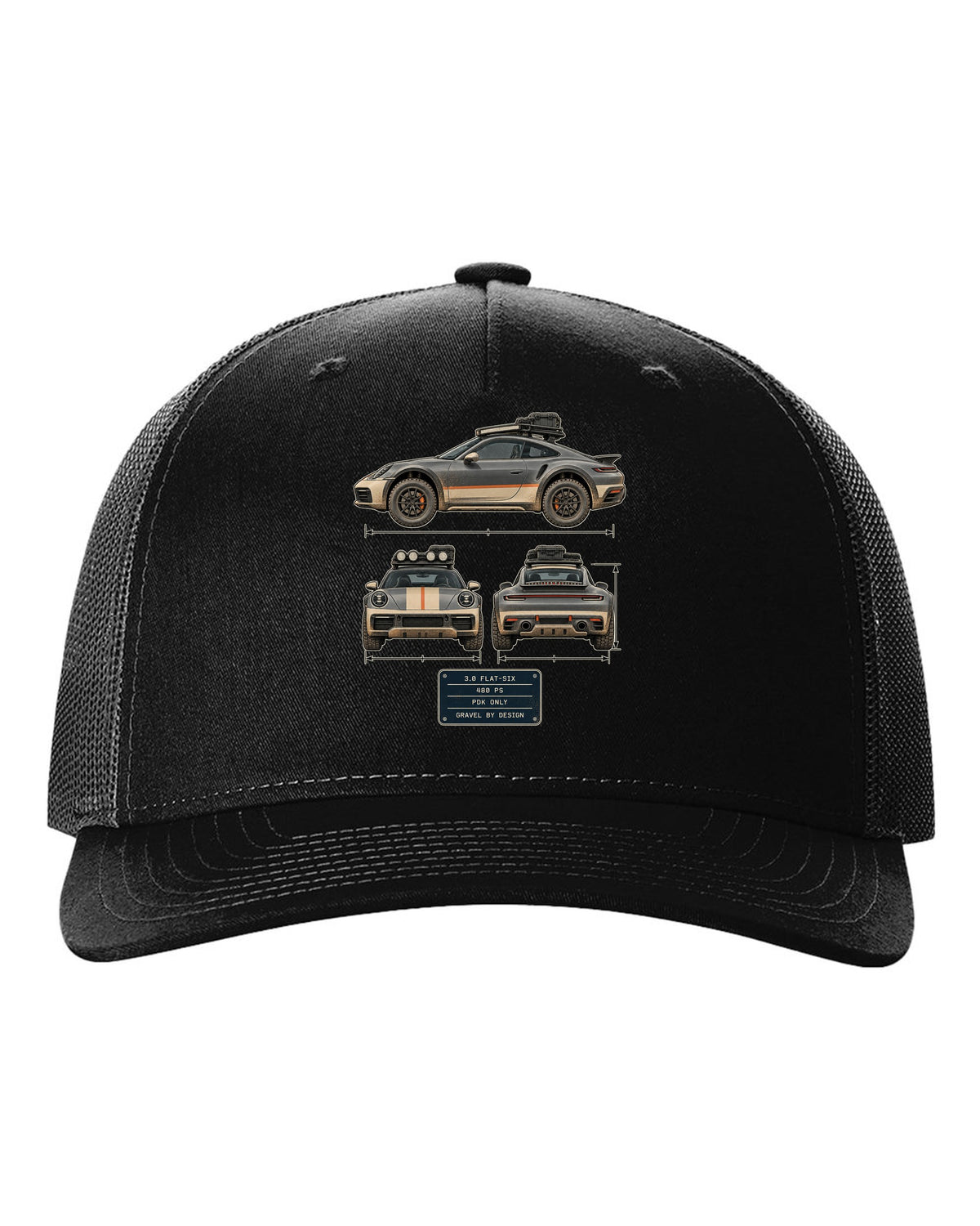Three-view and spec table print of a Porsche 911 Dakar 992 black hat front view with the design
