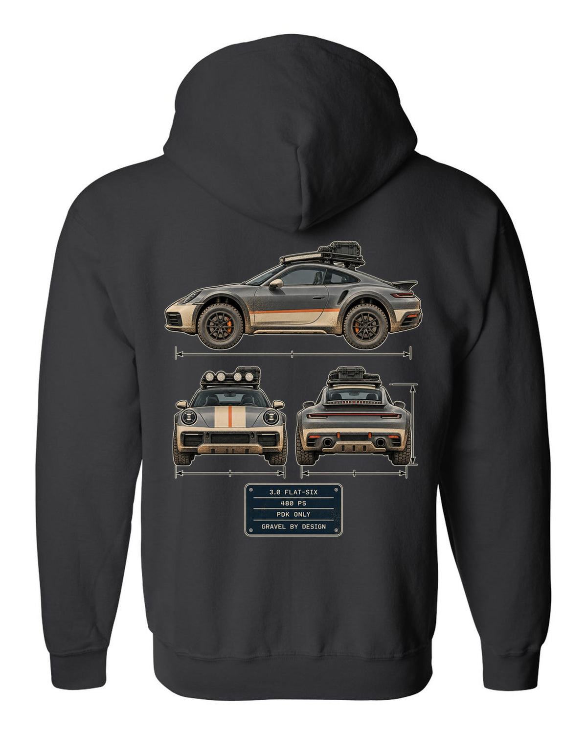 Three-view and spec table print of a Porsche 911 Dakar 992 black zip hoodie back view with the design