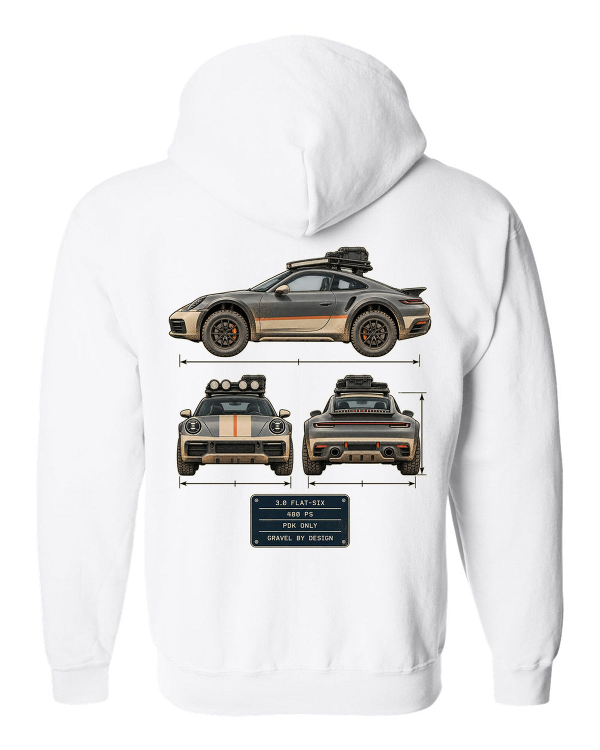 Three-view and spec table print of a Porsche 911 Dakar 992 white zip hoodie back view with the design