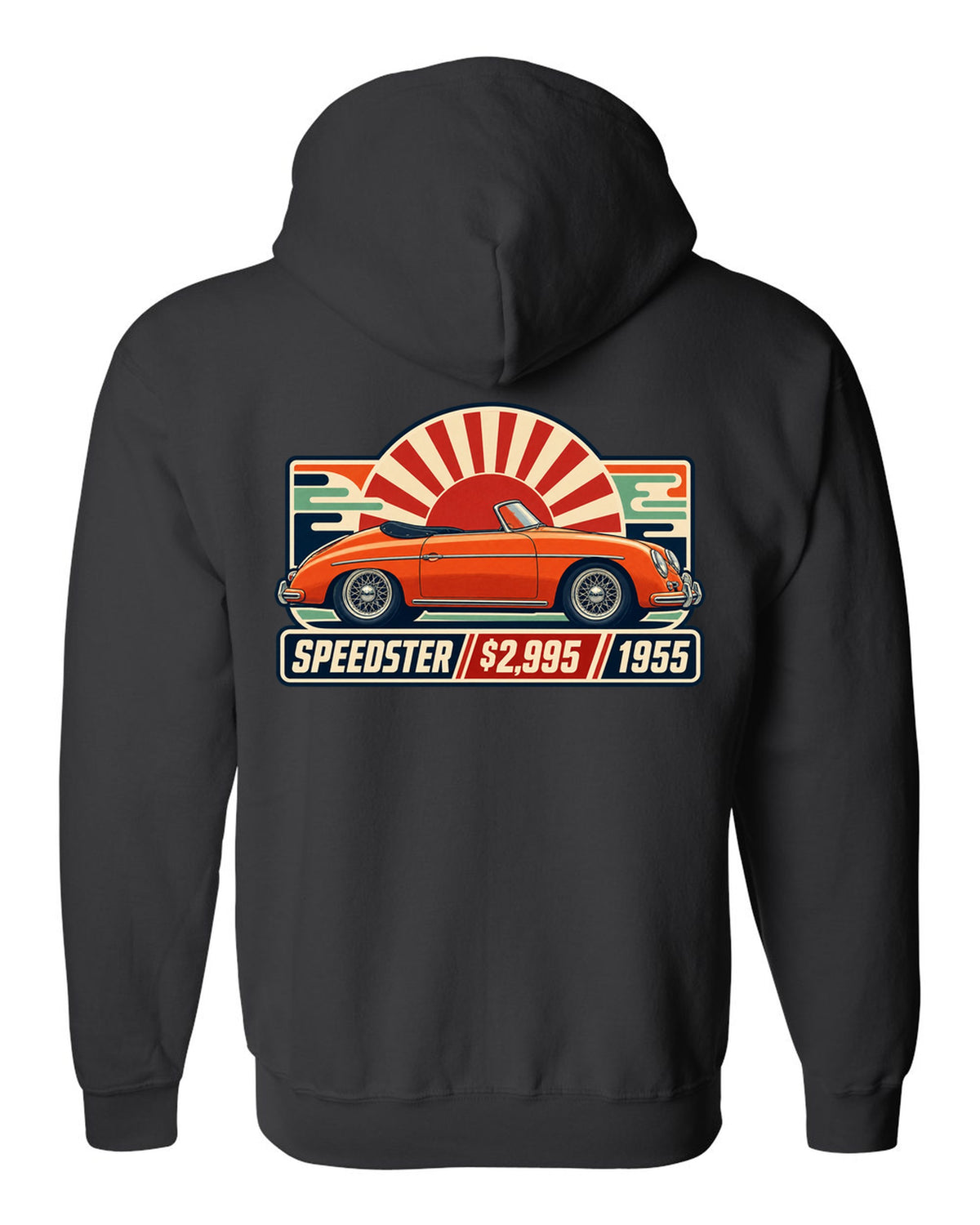 print of five Porsche 911 generations in a row, labelled 901, 930, 964, 993 and 996 black zip hoodie back view with the design