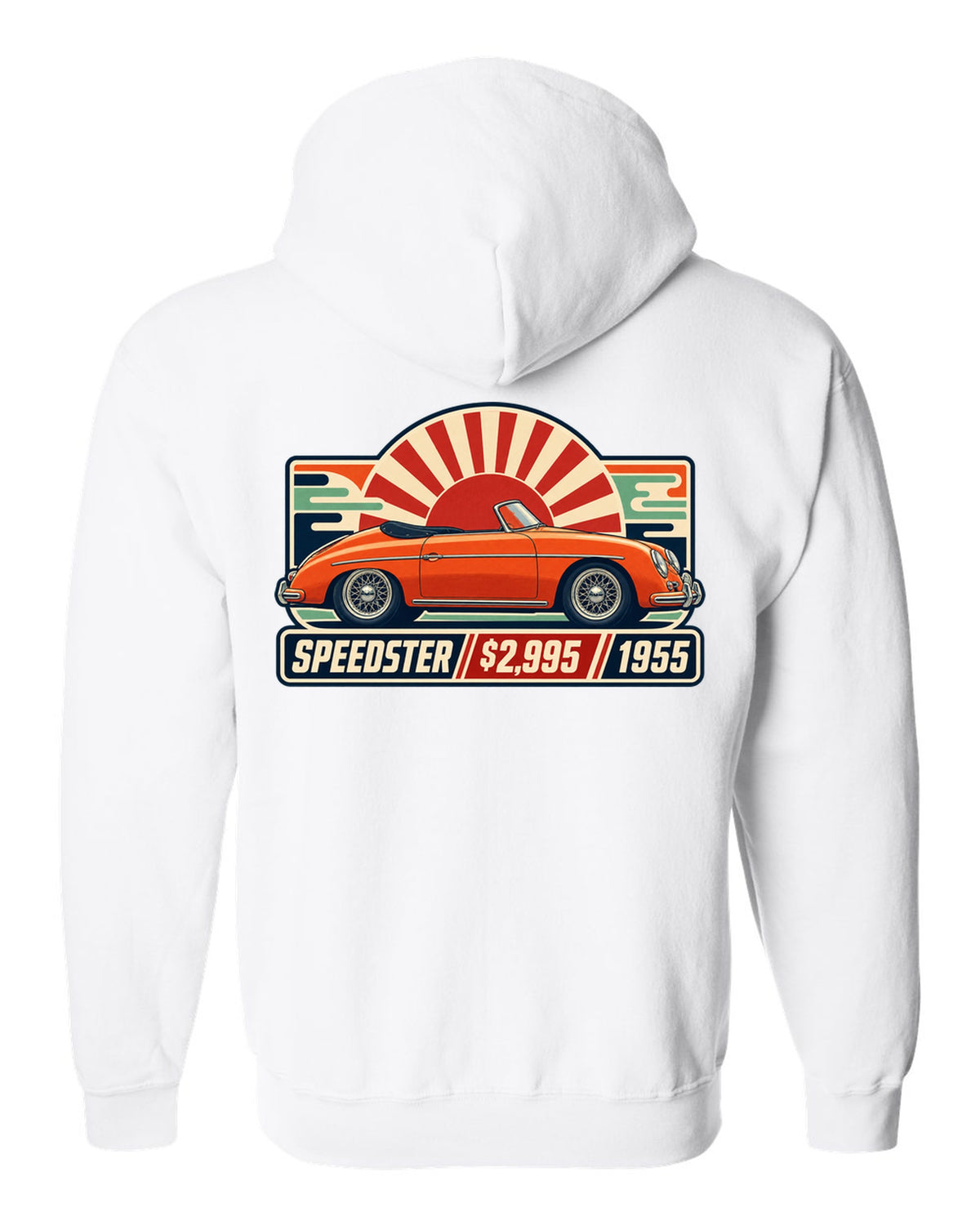 print of five Porsche 911 generations in a row, labelled 901, 930, 964, 993 and 996 white zip hoodie back view with the design