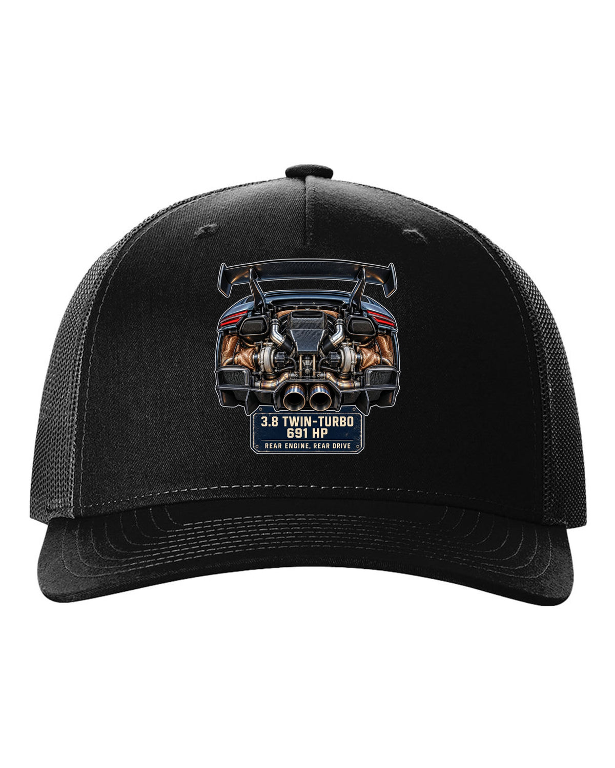 Engine hero print of a Porsche 911 GT2 RS 991.2 twin-turbo flat-six black hat front view with the design
