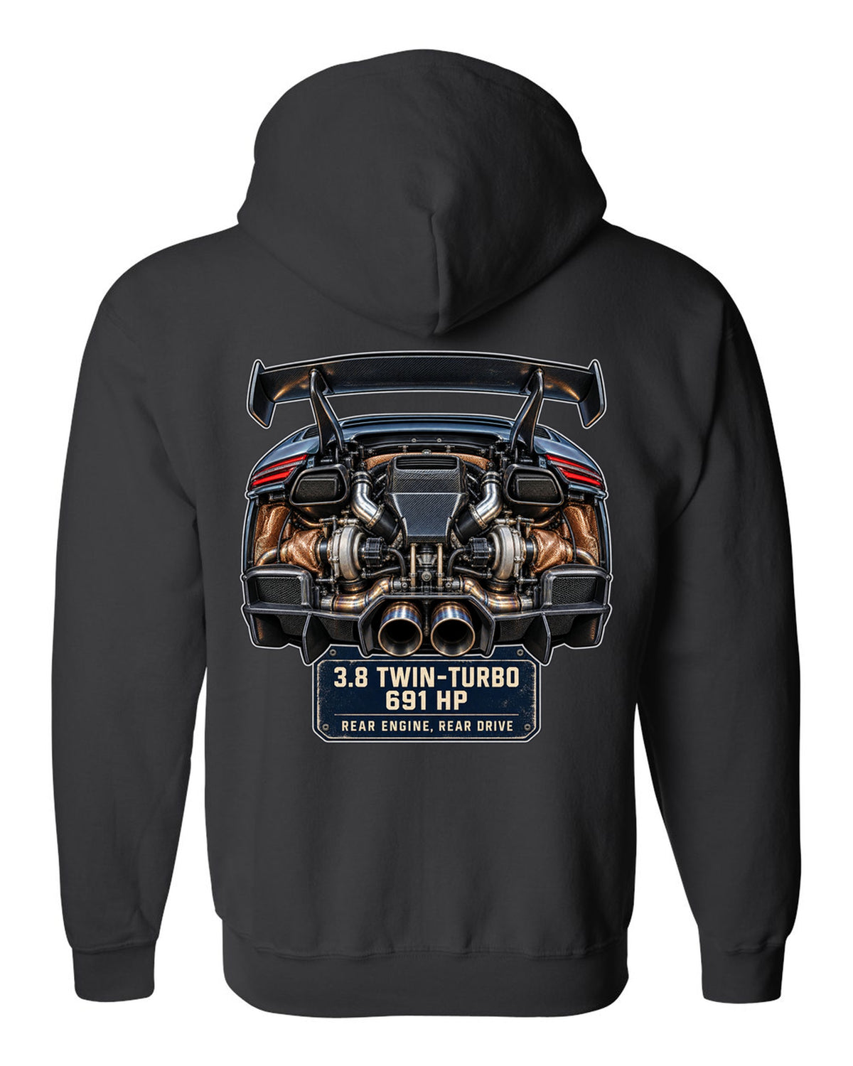 Engine hero print of a Porsche 911 GT2 RS 991.2 twin-turbo flat-six black zip hoodie back view with the design