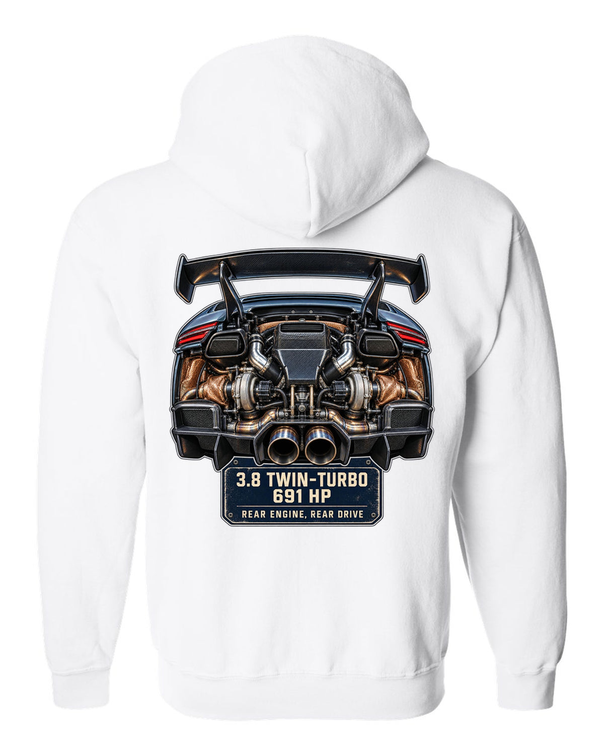 Engine hero print of a Porsche 911 GT2 RS 991.2 twin-turbo flat-six white zip hoodie back view with the design