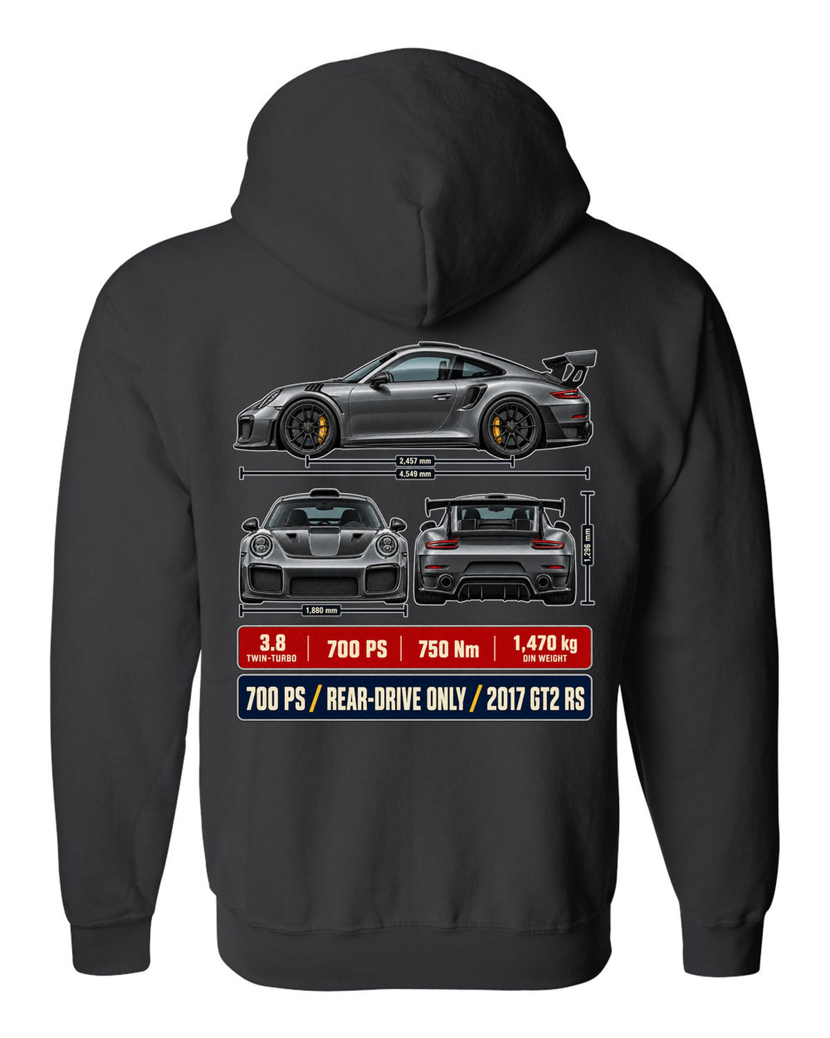 Porsche 911 GT2 RS 991.2 three-view dossier print design black zip hoodie back view with the design