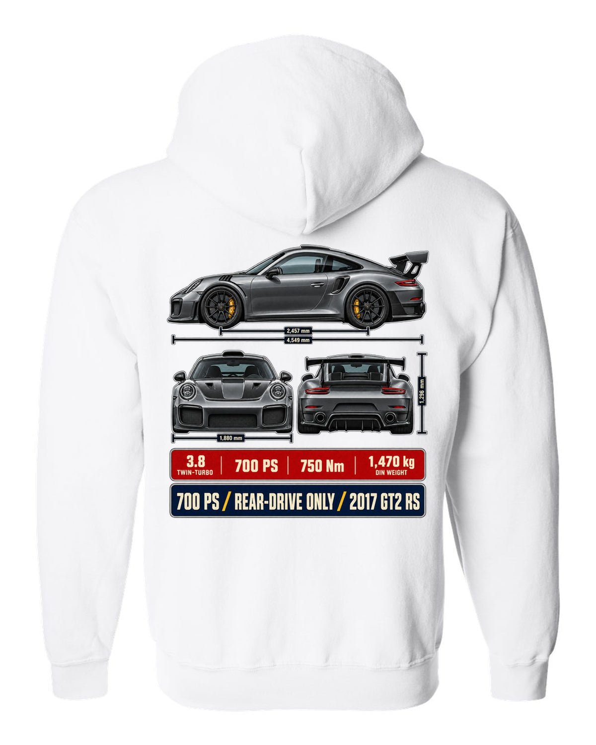 Porsche 911 GT2 RS 991.2 three-view dossier print design white zip hoodie back view with the design