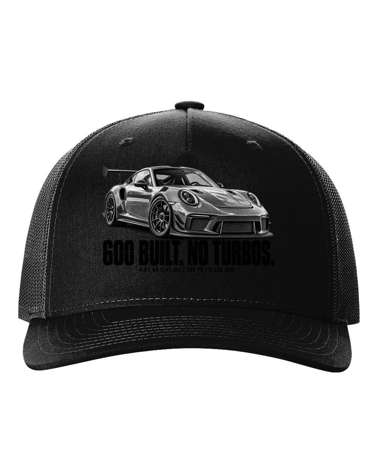 Halftone print of a Porsche 911 997 GT3 RS 4.0 with 600 built and 8,500 rpm lettering black hat front view with the design